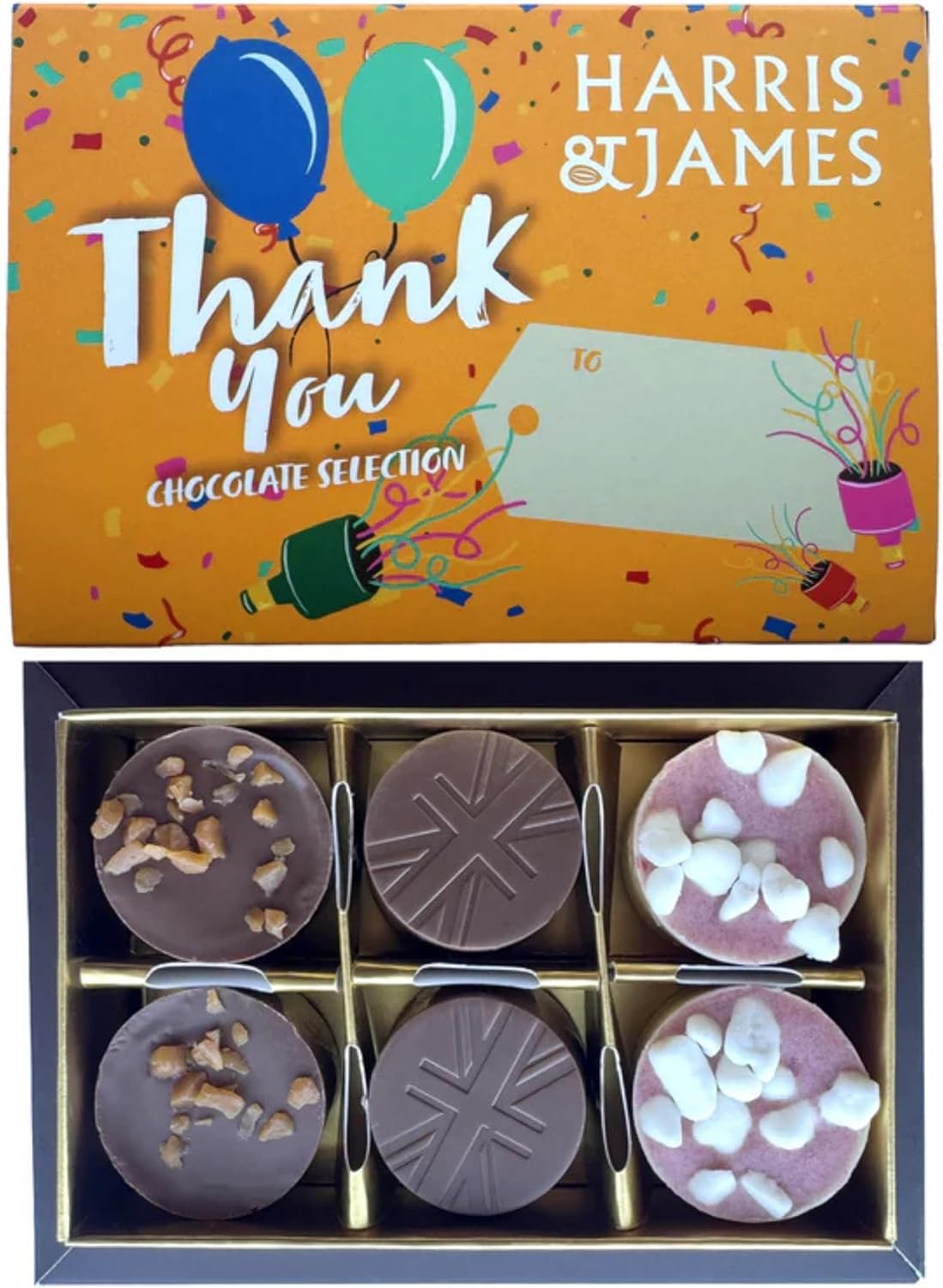 HARRIS & JAMES - Thank You Gift Box (6 Pack) Filled With Milk and White Chocolate Truffles. Handcrafted Chocolate In Three Flavours Eton Mess, Salted Caramel & Biscuit Royal.