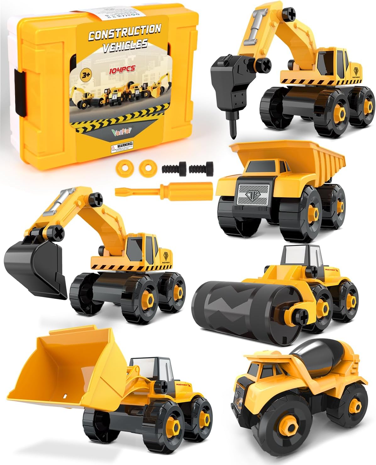 Vanplay Take-Apart Construction Vehicles Excavators Truck Toy with Storage Box, 6 in 1 DIY Building Educational Gift Toys for Boys Girls Age 3 4 5