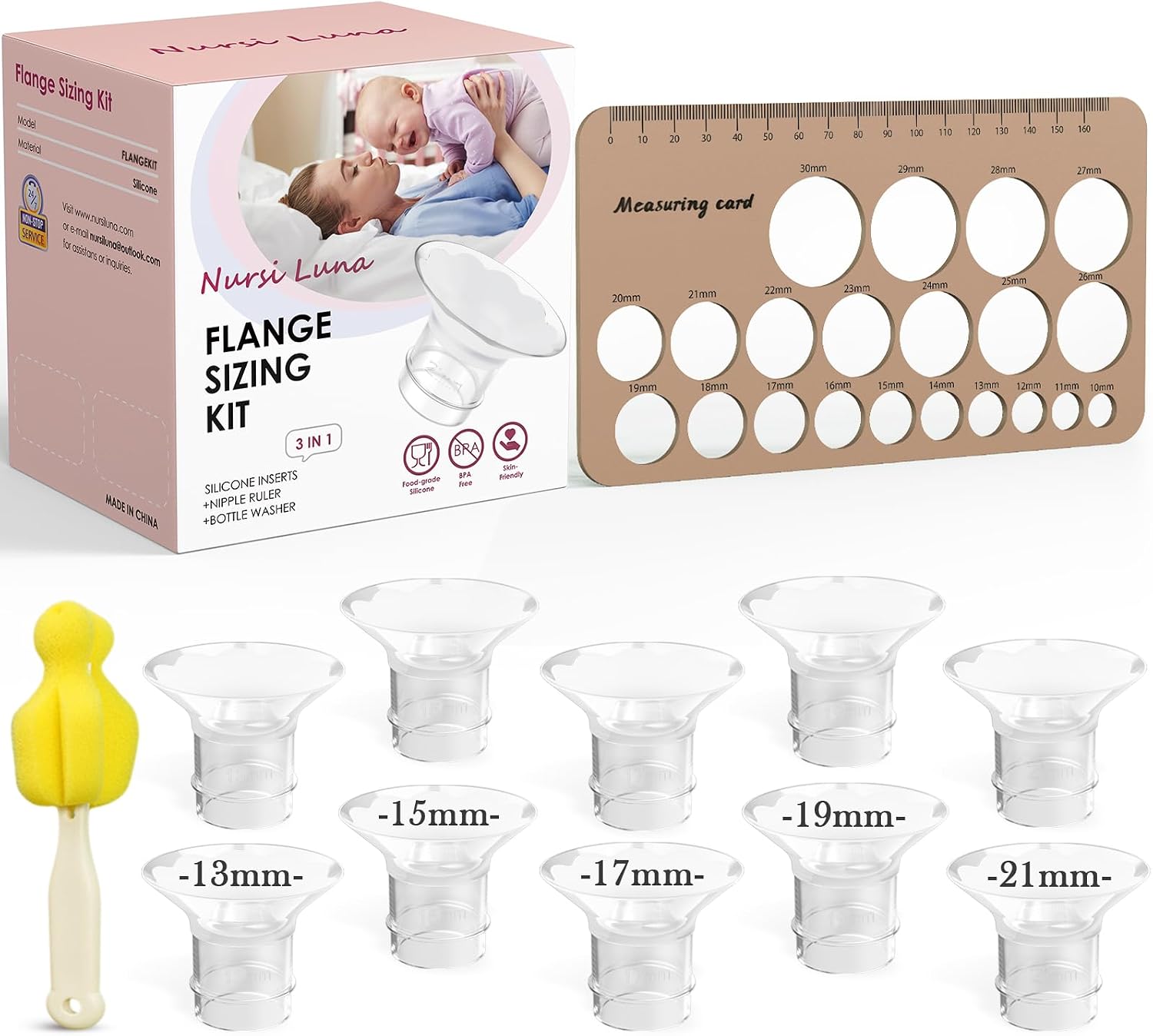 Nursi Luna Flange Sizing Kit 3-in-1 with 13/15/17/19/21mm for 24mm Electric Breast Pump Flanges/Shields, 10PCS Soft Silicone Flange Inserts for More Comfortable Pumping, BPA-Free, Essential for Moms