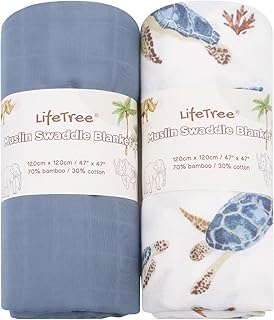 LifeTree Muslin Swaddle Blankets Neutral, Baby Swaddling Wrap Nursery Receiving Blanket for Boys & Girls, Soft 70% Viscose from Bamboo and 30% Cotton, Large 47 x 47 inches, Sea Turtle & Solid Colors
