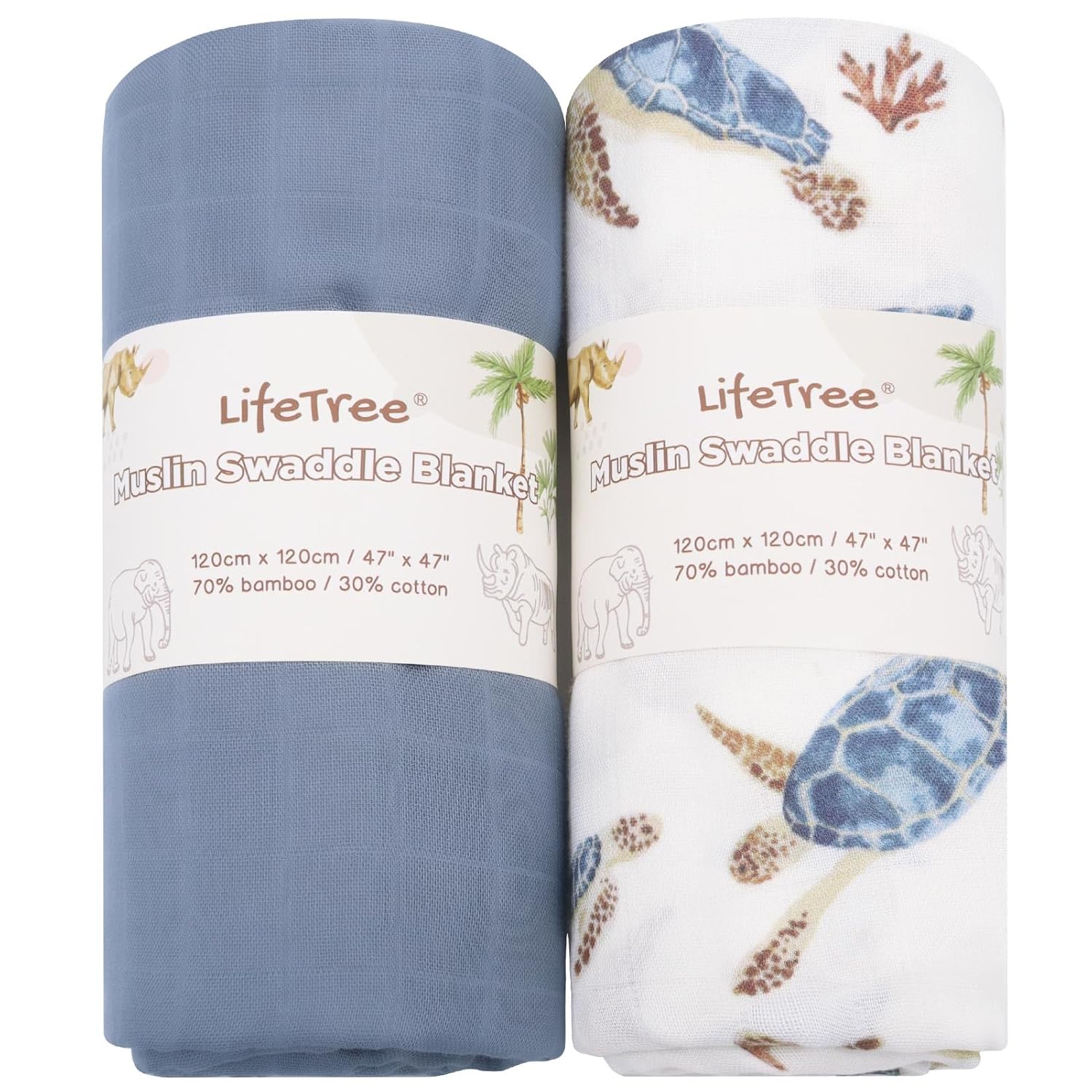 LifeTree Muslin Swaddle Blankets Neutral, Baby Swaddling Wrap Nursery Receiving Blanket for Boys & Girls, Soft 70% Viscose from Bamboo and 30% Cotton, Large 47 x 47 inches, Sea Turtle & Solid Colors