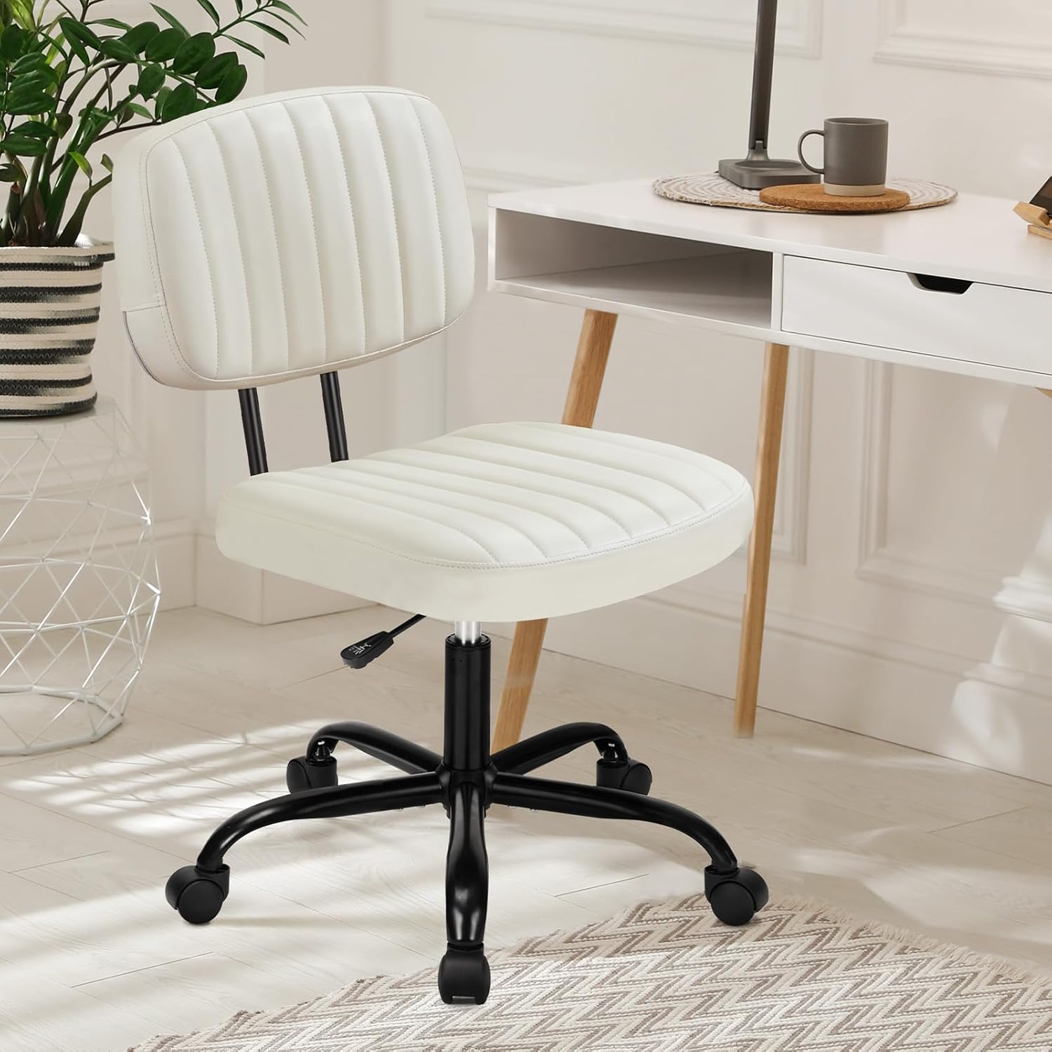 DUMOS Armless Home Office Desk Chair -Small Ergonomic with Low Back Lumbar Support, Height Adjustable PU Leather Computer Task with 360° Swivel Rolling Wheels, for Small Space, Beige White