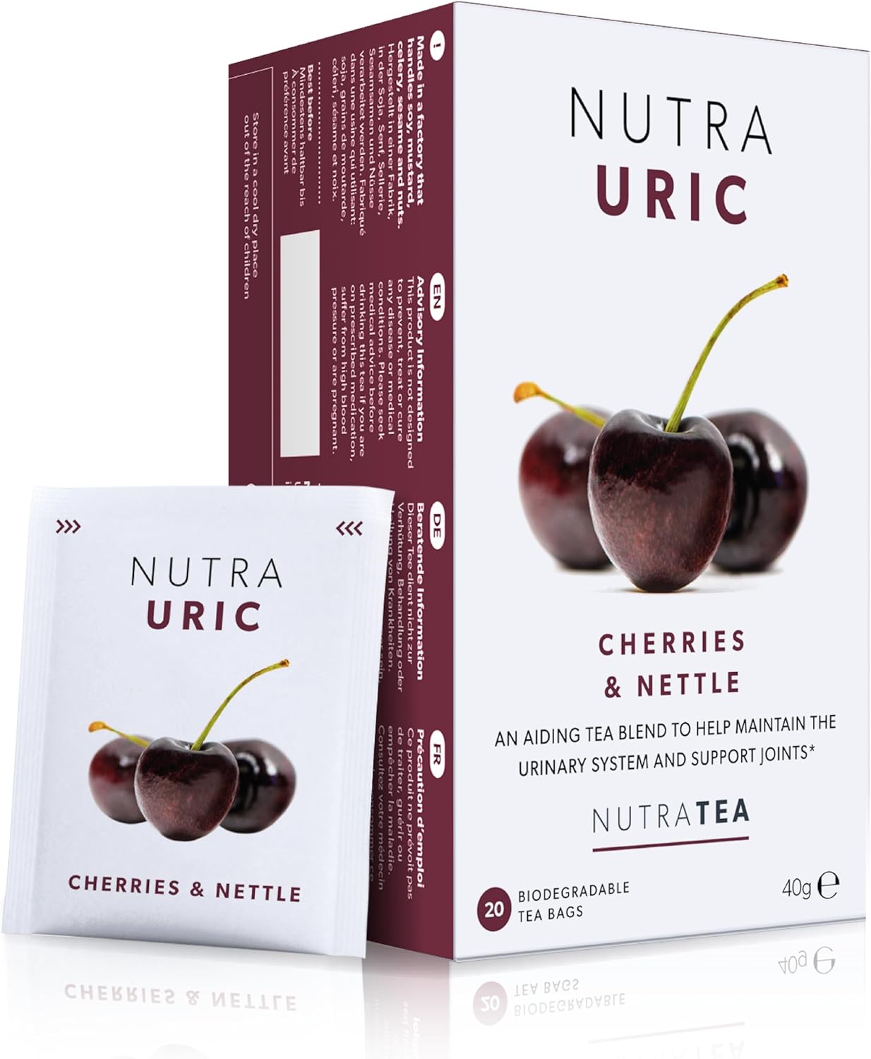 Nutra Tea NUTRAURIC - Uric Acid Support - Containing Natural Cherry & Nettle - 20 Enveloped Tea Bags - Herbal Infusion (1 Pack)