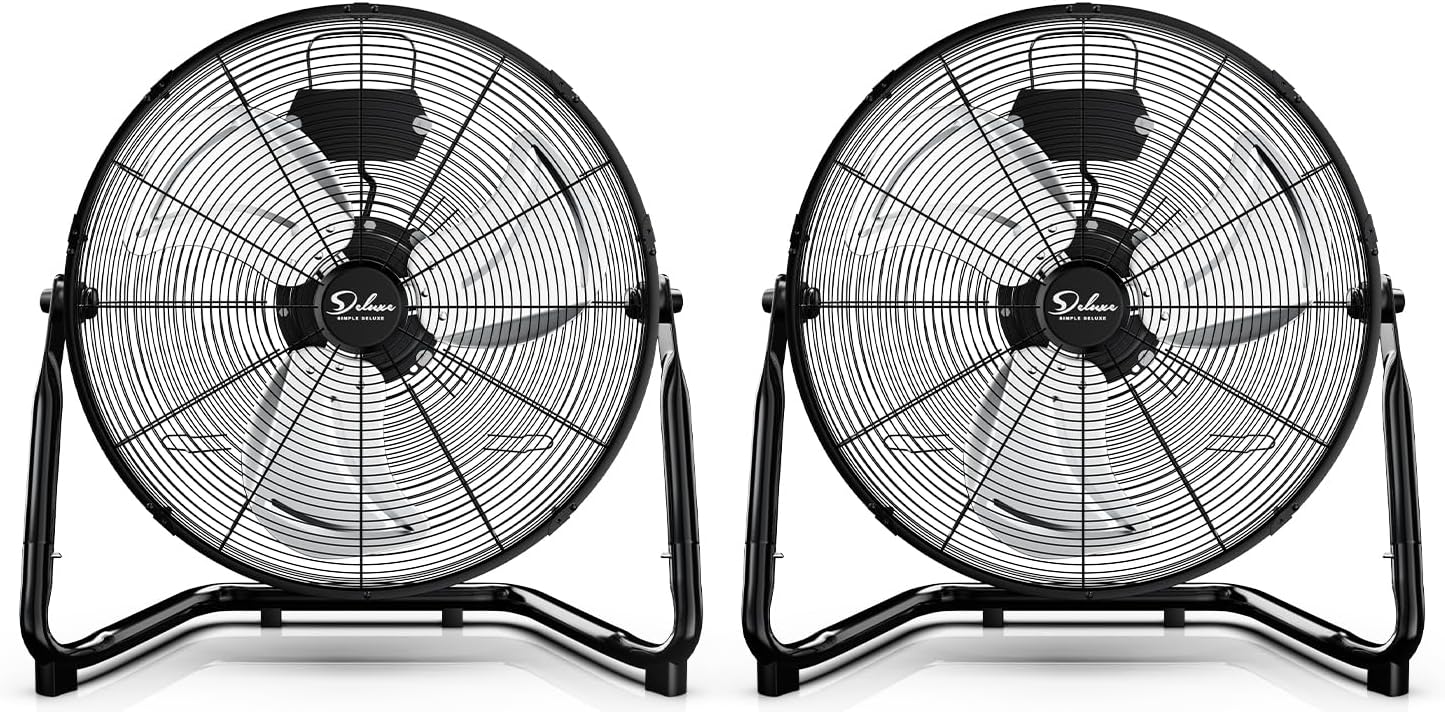 Simple Deluxe 20 Inch 3-Speed High Velocity Heavy Duty Metal Industrial Floor Fan for Warehouse, Workshop, Factory and Basement, Black, 2 Pack