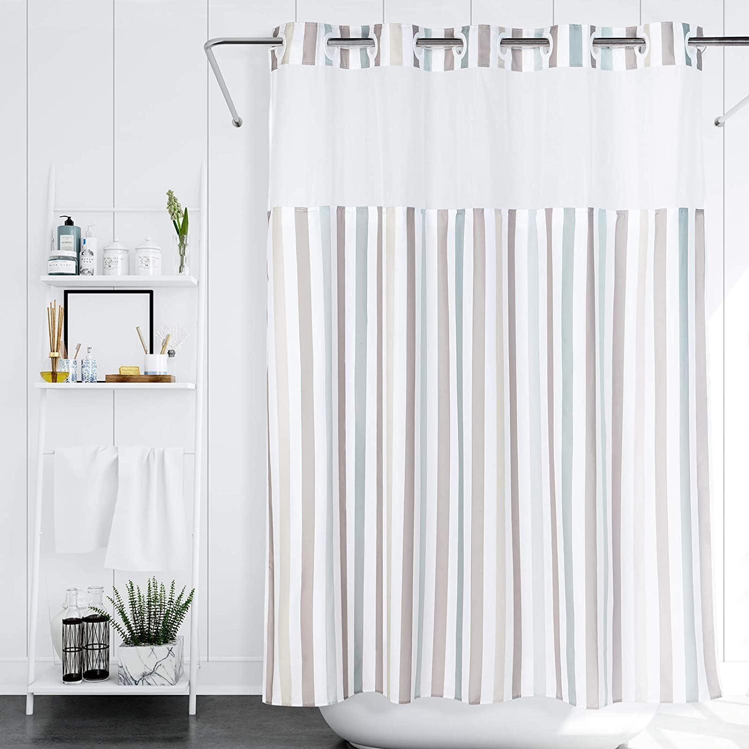 Lagute SnapHook Stijl Shower Curtain with Snap-in Liner| No Hook Needed | Removable Liner| See Through Top| Machine Washable| 74 L x 71W, Nordic Stripes