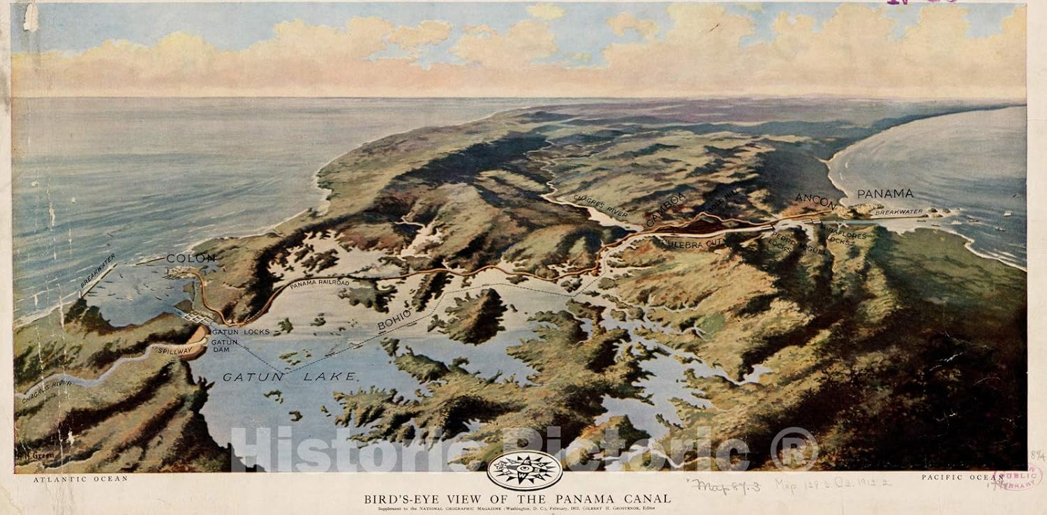 Historical Map, 1912 Bird's-Eye View of The Panama Canal, Vintage Wall Art : 48in x 24in