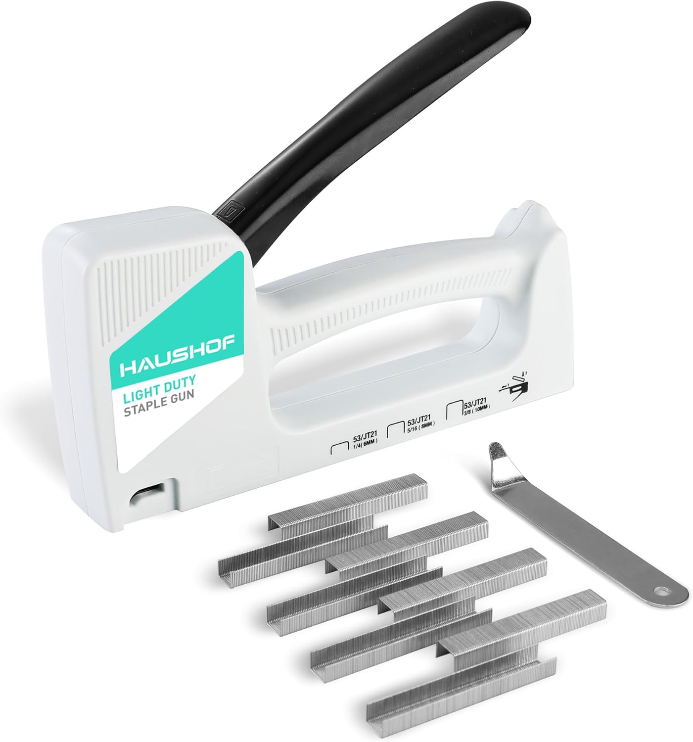 HAUSHOF Light Duty Staple Gun, Upholstery Staple Gun with 800PCS JT21 Staples and Stapler Remover, Fits JT21 Staple of 1/4'', 5/16'' & 3/8'', Used for Wood, Classroom, Crafts, DIY, Decoration (White)