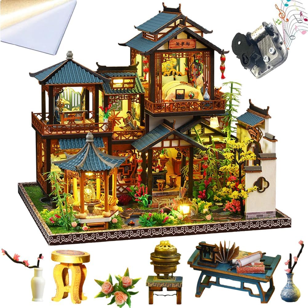 TOPBSFARNY 3D Wooden Assembled Dollhouse Kit DIY Miniature Chinese Style Courtyard Scene Building with Music Creativity Halloween Birthday Gift (with Dust Cover)