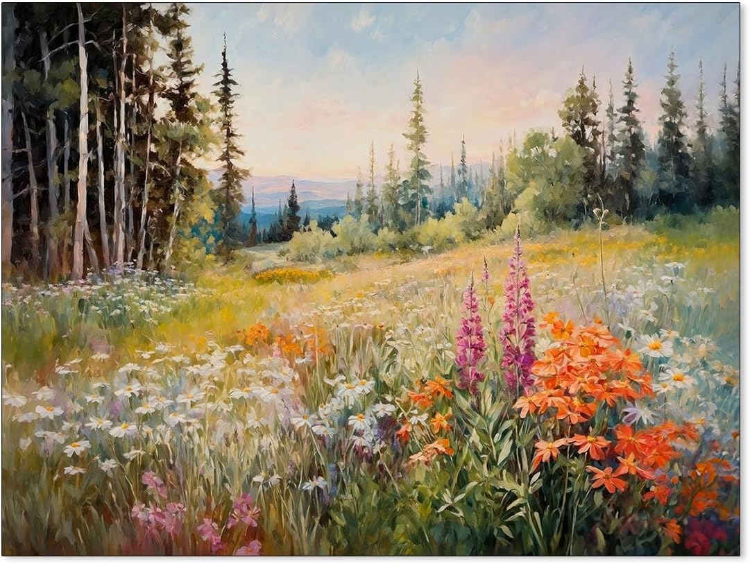 Jefuzh Floral Landscape Poster Retro Rustic Nature Wildflower Wall Art Vintage Botanical Flowers Canvas Prints French Sunset Oil Painting Wall Decor for Country Farmhouse 12x16 inch Unframed