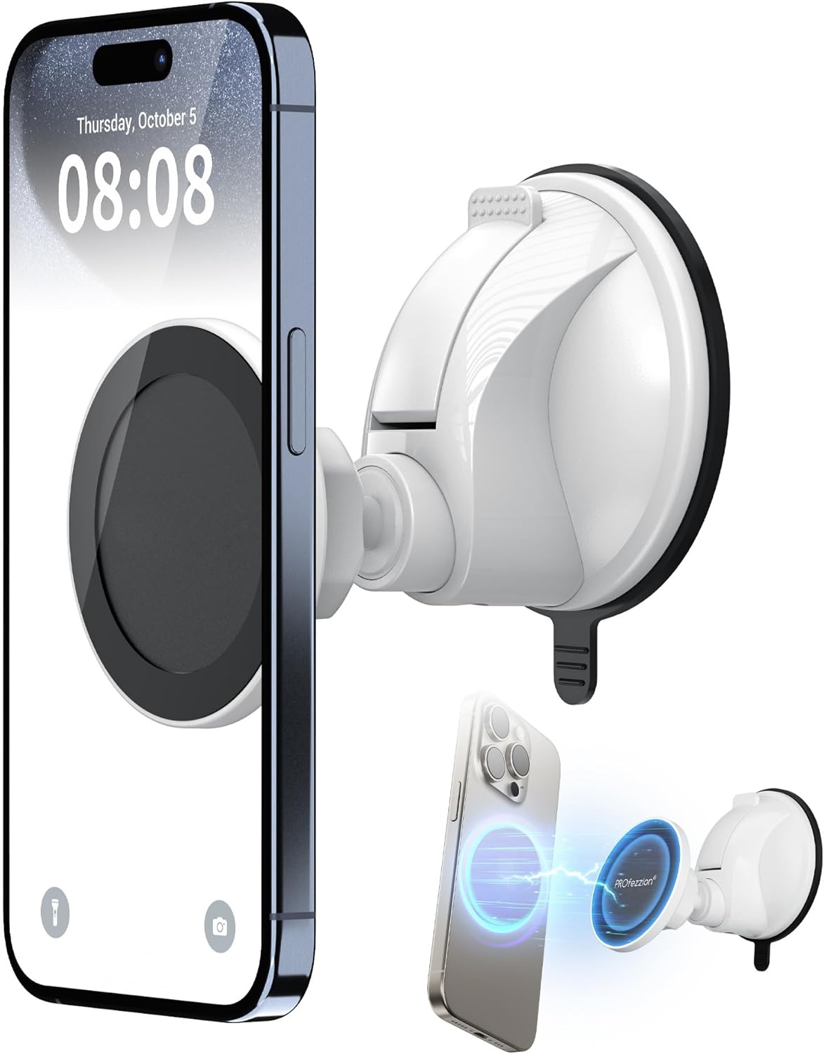 PROfezzion Magnetic Shower Mirror Phone Holder Reusable Suction Cup Phone Mount Compatible with iPhone 16 15 14 13 12 & All Phones, Rotating Stand for Glass Window Bathroom Kitchen Makeup Video, White