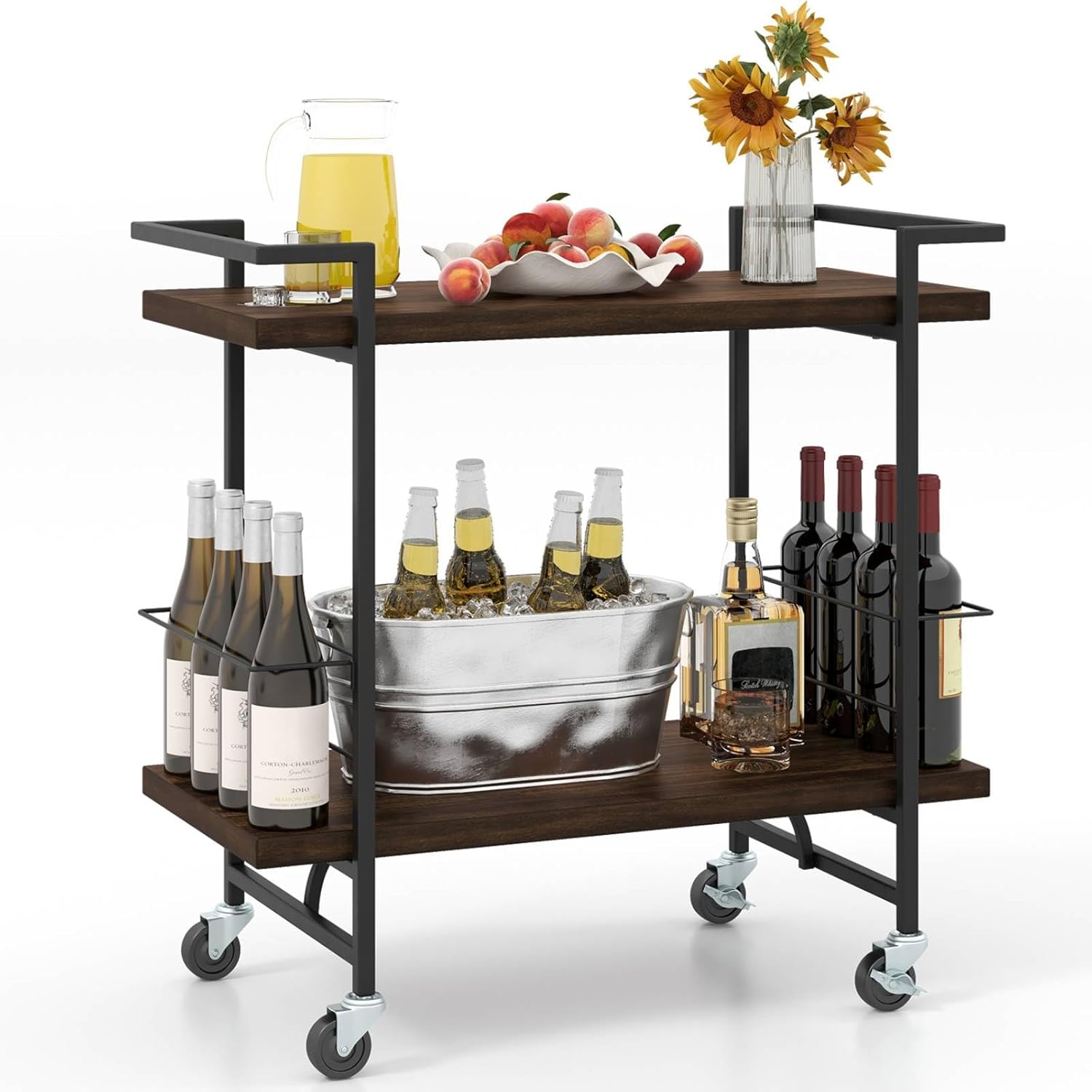 COSTWAY Kitchen Serving Cart, 2-Tier Rolling Home Bar Cart with Lockable Wheels, Anti-fall Guardrail & Handles, Beverage Drinks Trolley for Kitchen Dinning Room Living Room