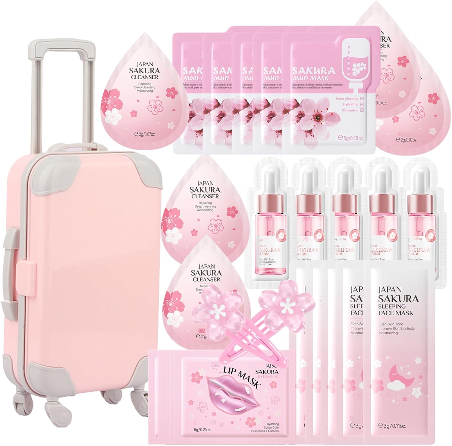 Skin Care Set For Teenagers Girls with Cute Mini Luggage,Sakura Skin Care Sets & Kits,Pamper Sets For Girls Gifts,Skincare Set,Serum,Cleanser,Sleep,Mud Mask,Lip Mask,Hair Pins (One Size, Sakura)