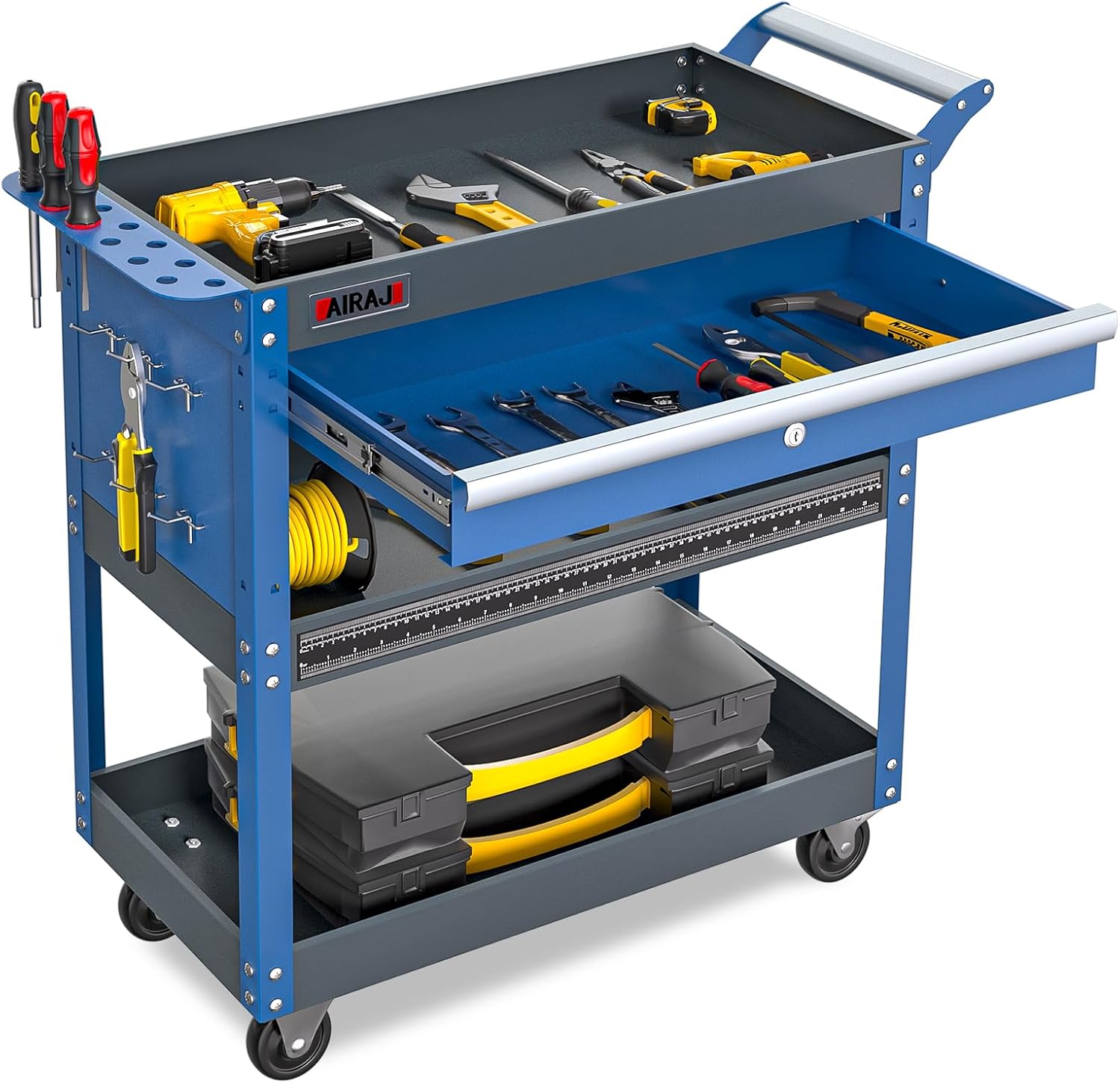 AIRAJ Tools Trolley for Heavy Duty 3 Tier,with Hanging Plate Hooks Non-Slip Pearl Cotton Fitting,Ergonomic Handles,Rubber Directional Brake Wheels,Tools Carts Home Workshop Garages,Load Capacity 200KG