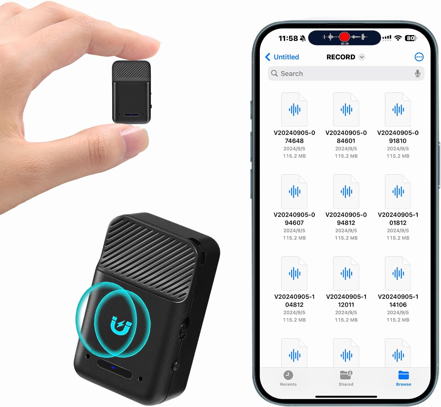 Mini Voice Recorder,64GB Magnetic Voice Activated Recorder with AI Noise Cancellation,72H Battery Life, USB-C Portable Recording Device for Car,Lectures,Meetings,Interviews (2025 Upgrade)