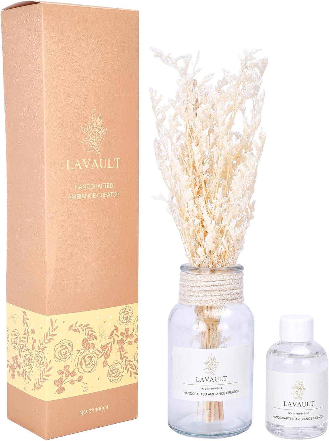 Flower Reed Diffuser Set for Home, Office, Living Room, Bedroom - Fragrance Gift Set - Bathroom Diffusers - Farmhouse Rustic Decor - Room Aroma Fresheners - French Block Scent