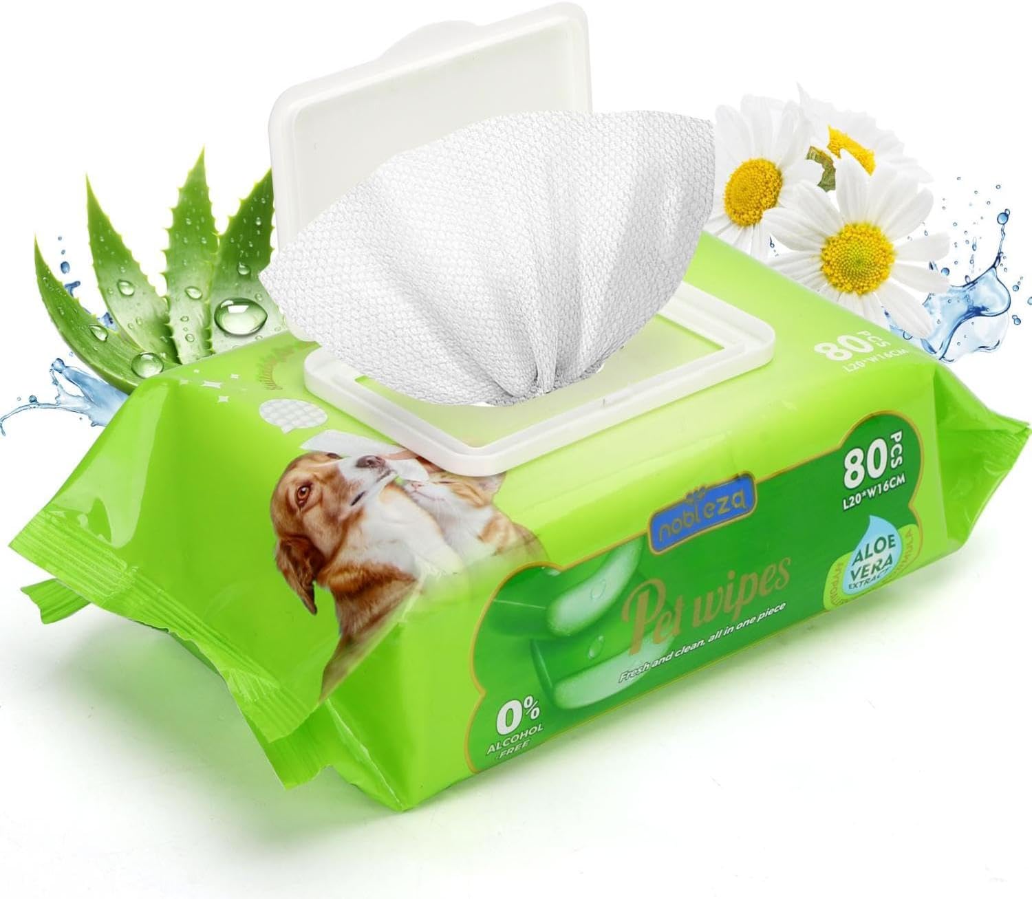 Nobleza Pet Wipes for Dogs Cats, Hypoallergenic Dog Wipes, Aloe Vera Dog Cleaning Wipe for Full-Body, Paws, Face, pH-Balanced, Unscented 80 Count