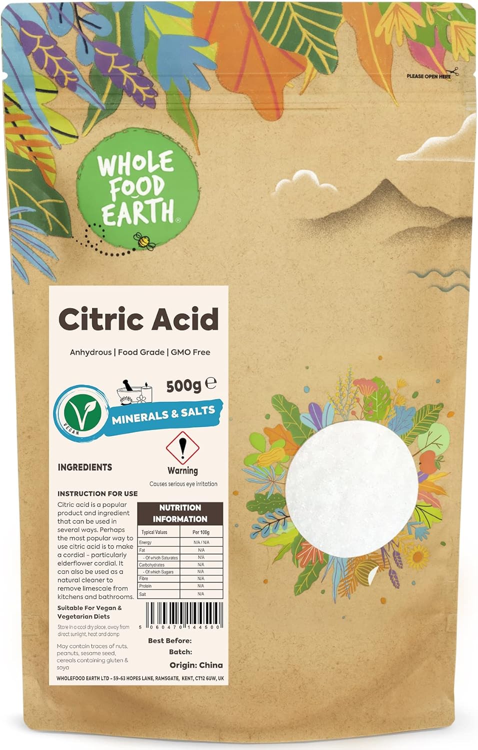 Wholefood Earth® Citric Acid - Anhydrous - Food Grade - 500g (gluten)