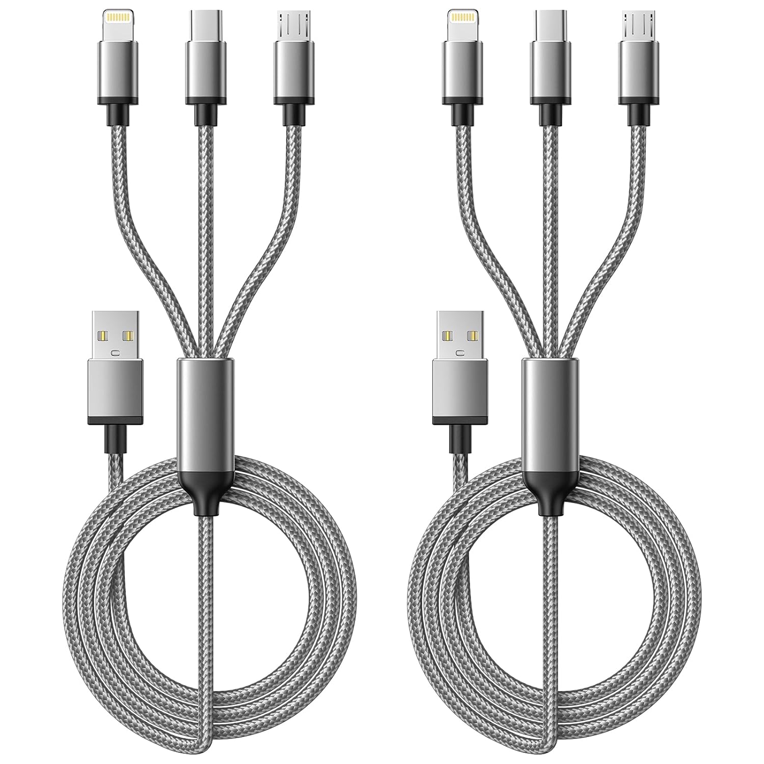 Multi Charger Cable, 3 in 1 Fast Charging Cord [2Pack 1.2M] 3A Multiple USB Cable Nylon Braided with Micro USB, Type C Lightning Connector for iPhone, Android Samsung S22 S20, Huawei, Nexus, Nokia,LG