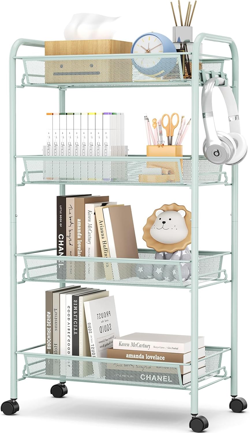 APEXCHASER 4-Tier Rolling Cart,Easy Assemble Mobile Storage Trolley On Wheels,Slide Out Utility Cart Shelving Units Kitchen Bathroom Laundry Room,Green