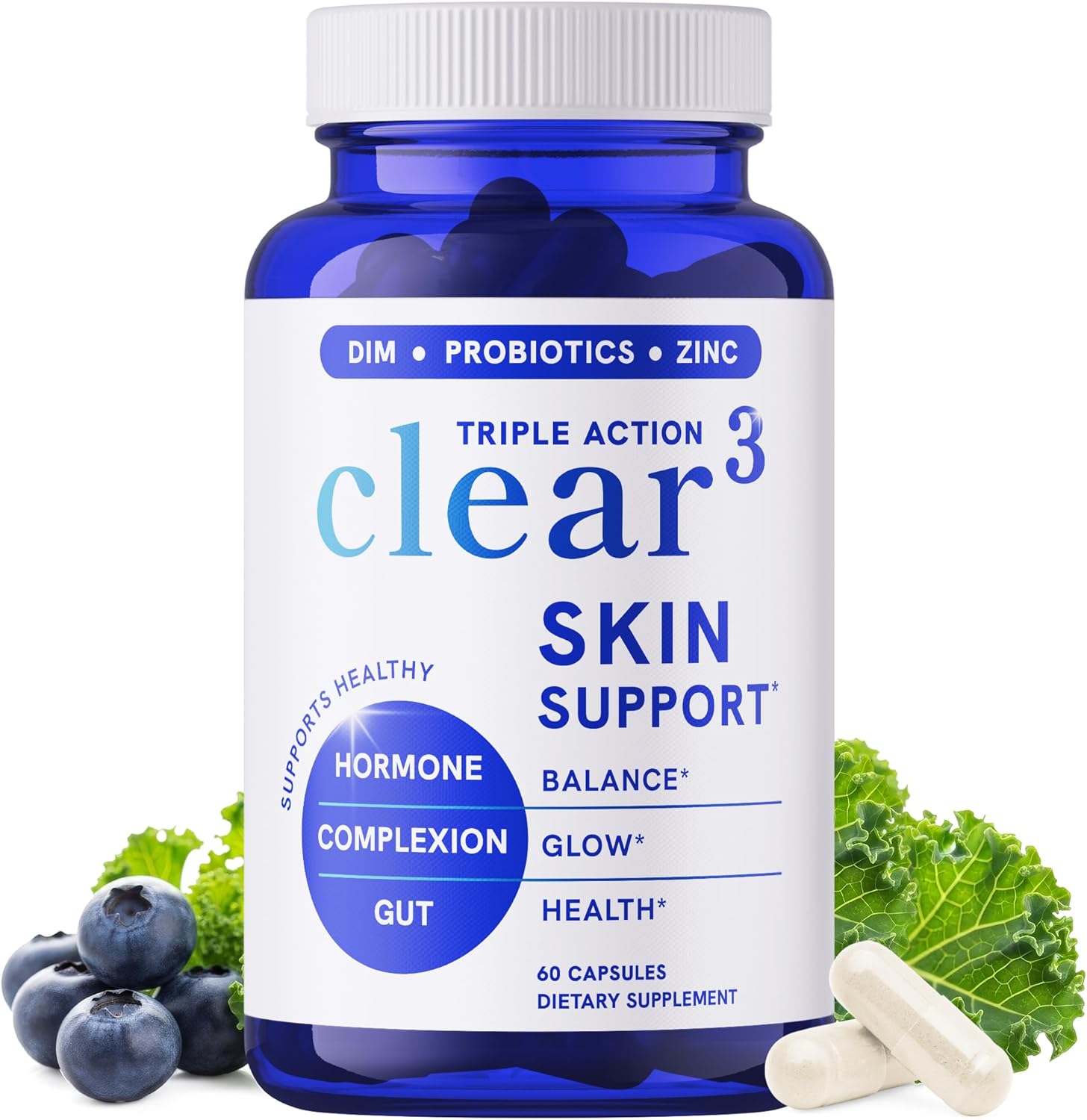 Clear Skin Supplement with Zinc, DIM & Probiotics | 3-in-1 Balance, Glow & Health Skin Support | Triple Action Hyaluronic Acid, Niaciminide & Vitamins for Hormone, Complexion & Gut Support | 60 Ct