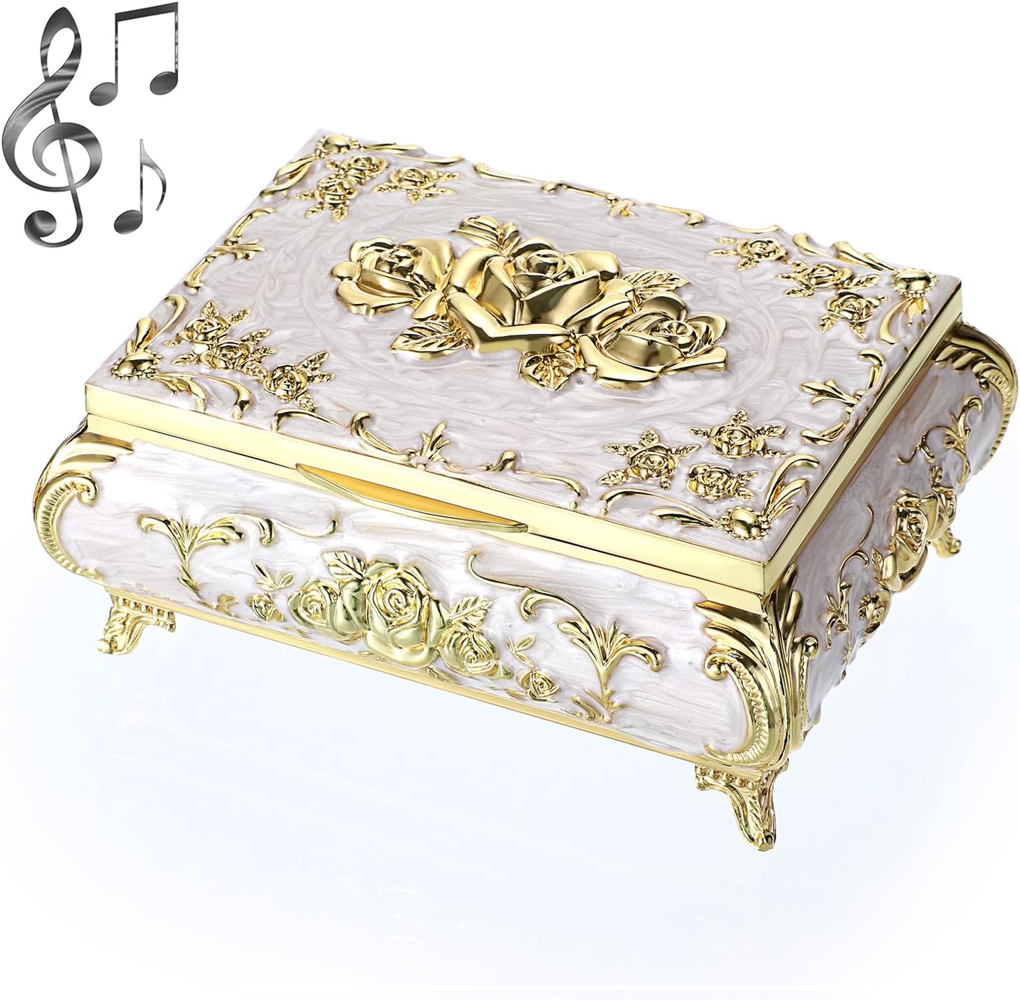 SUMNACON Metal Music Box Musical Jewelry Case Keepsake Case, Vintage Music Organizer Rose Embossed Musical Box for Christmas, Birthday, Valentines Day (Tune:You Are My Sunshine, Beige Gold)