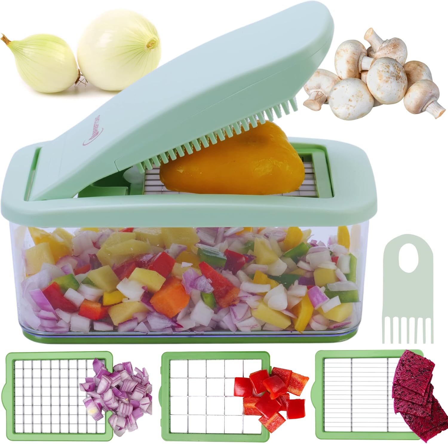 Brieftons QuickPush Food Chopper: Vegetable Dicer Slicer, Onion Cutter, 3 Extra-Large Blades with 200% More Cutting Area to Chop Dice Slice Vegetables, 2.6-Quart Container