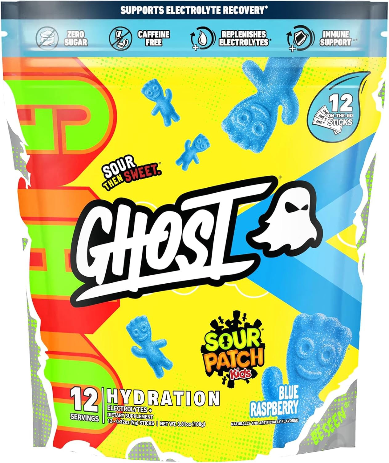 GHOST Hydration Packets, Sour Patch Kids Blue Raspberry, 12 Sticks, Electrolyte Powder - Drink Mix Supplement with Magnesium, Potassium, Calcium, Vitamin C - Vegan, Free of Soy, Sugar & Gluten