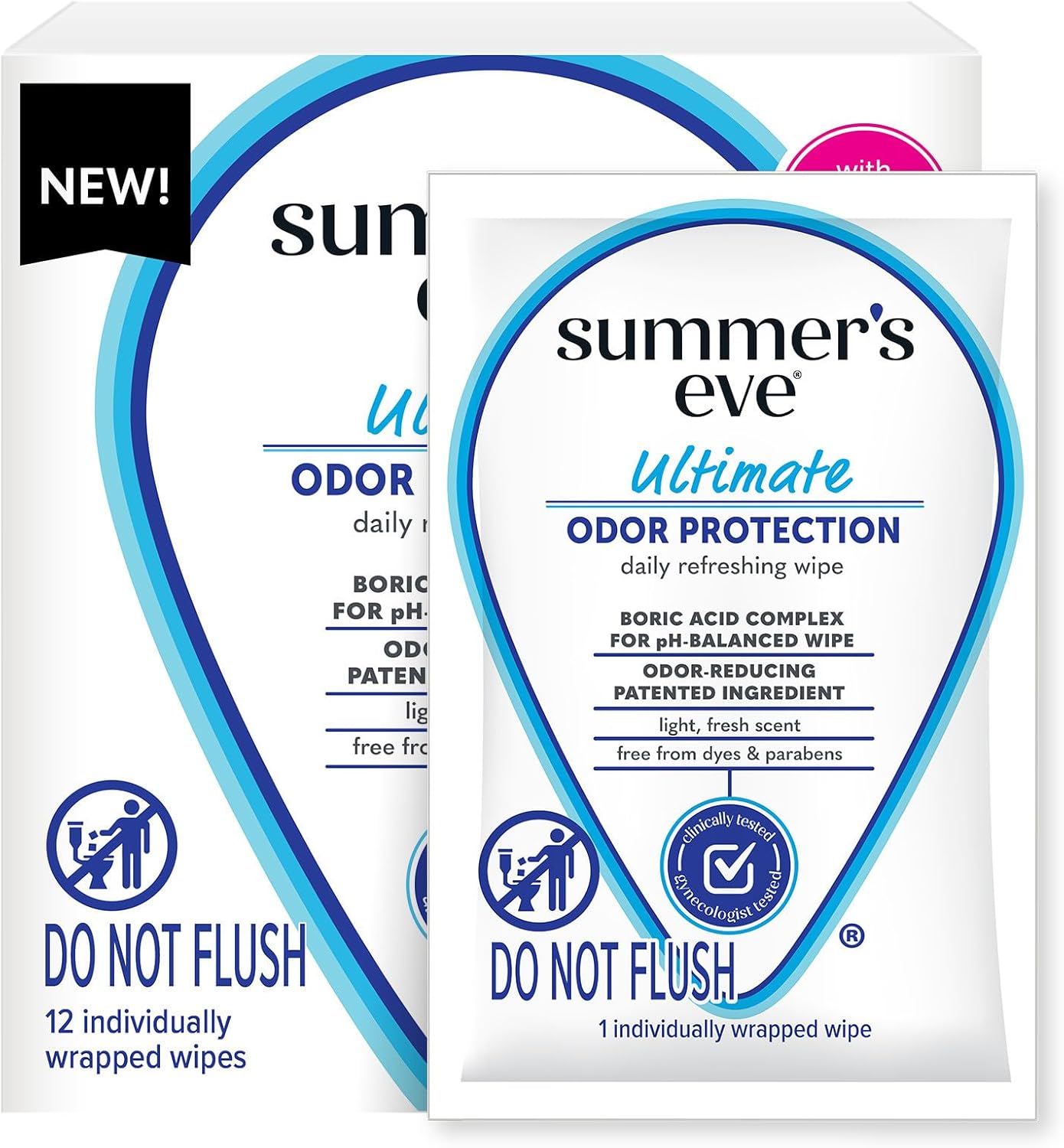 Summer's Eve, Ultimate Odor Control, Daily Feminine Wipes with Boric Acid, Removes Odor, On-the-go Body Wipes with pH Balance, 12 ct