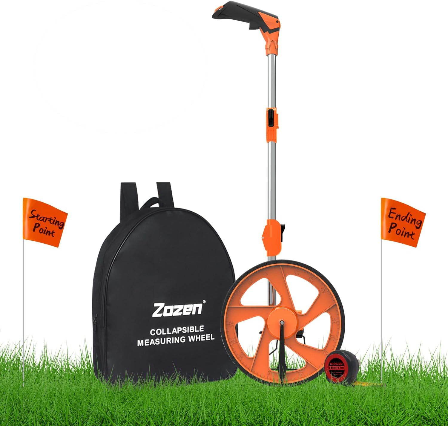 Zozen Distance Measuring Wheel with 20PC Marking Flags, Double Collapsible/Mechanical-One Key to Reset/Kickstand to Keep Stand/Starting Point Arrow and Carrying Bag.