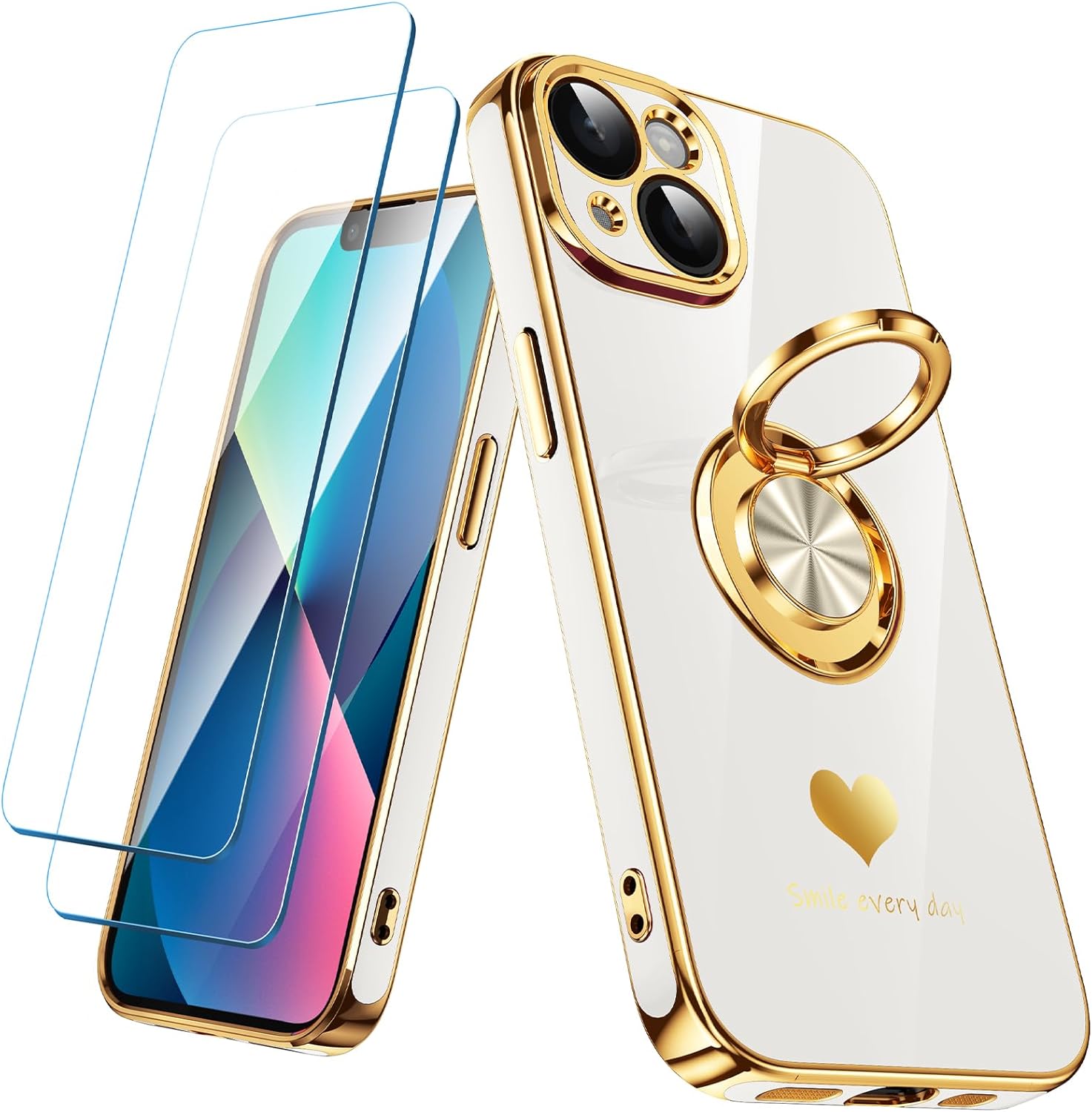 Nonional Compatible for iPhone 13 Case with 2 Pack Screen Protector, 360° Rotatable Ring Holder [Luxury Hearts Pattern] Plating Gold Edge Slim Soft Phone Cover Case for iPhone 13 - White