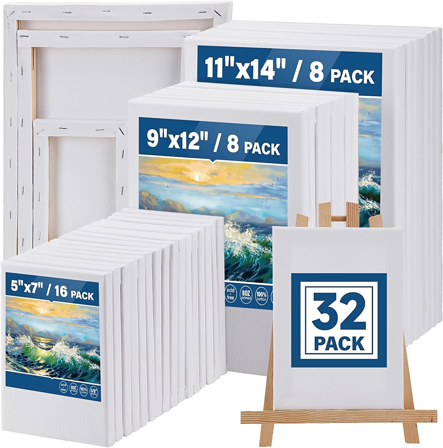 32 Packs Professional Stretched Canvas for Painting, Blank Canvas Art with 5 * 7in, 9 * 12in, 11 * 14in, Value Pack for Acrylic, Oil, Acrylic Pouring