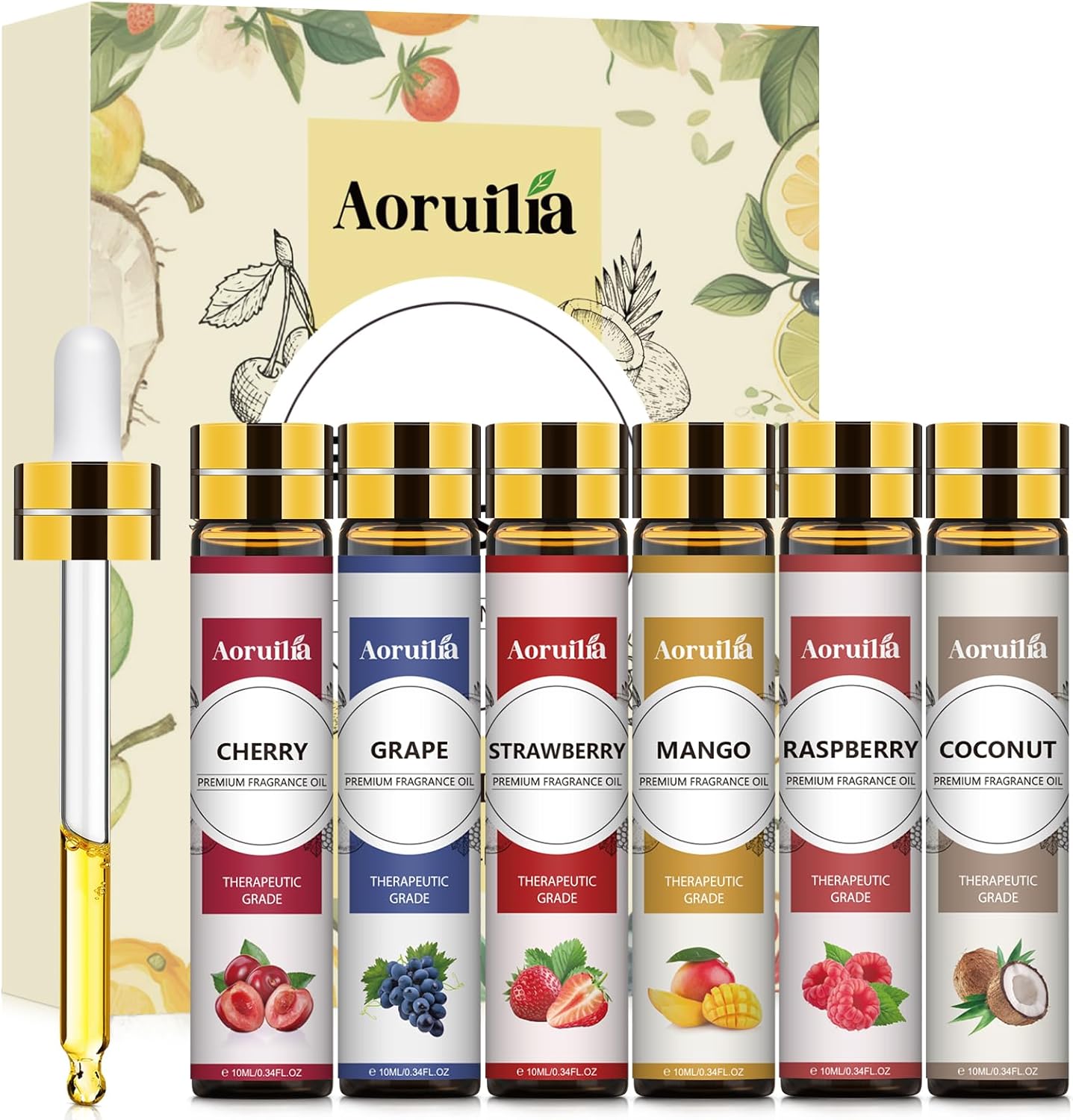 Aoruilia 6 x 10ml Fruity Essential Oils Set for Aromatherapy, Diffuser, Home Fragrance, Relaxing, Candle Making - Strawberry, Coconut, Raspberry, Grape, Mango, Cherry