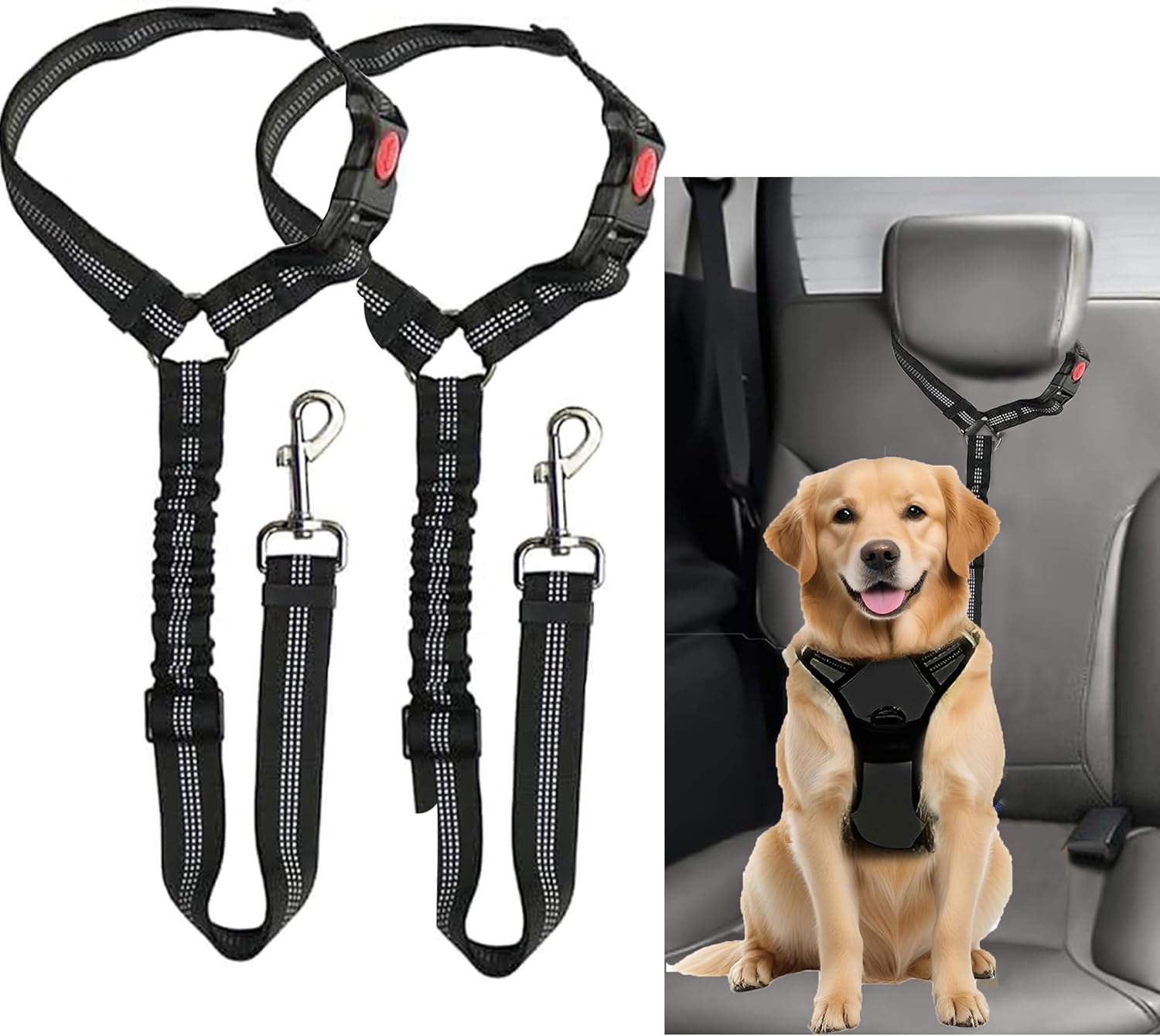 2 Pack Dog Car Headrest Seat Belt - for Pet Dogs Safety Harness Travel Accessories in UK, with Adjustable Heavy Duty Nylon & Anti Shock Elastic Bungee Buffer (Black)