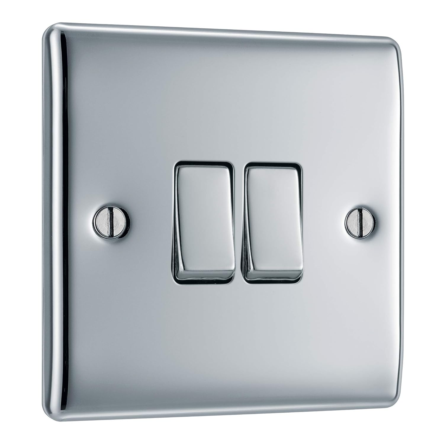 BG Electrical Double Wall Light Switch, 2 Way, Raised and Slim Profile, Round Edges, Nexus Metal, Polished Chrome, 20A, 16AX, NPC42
