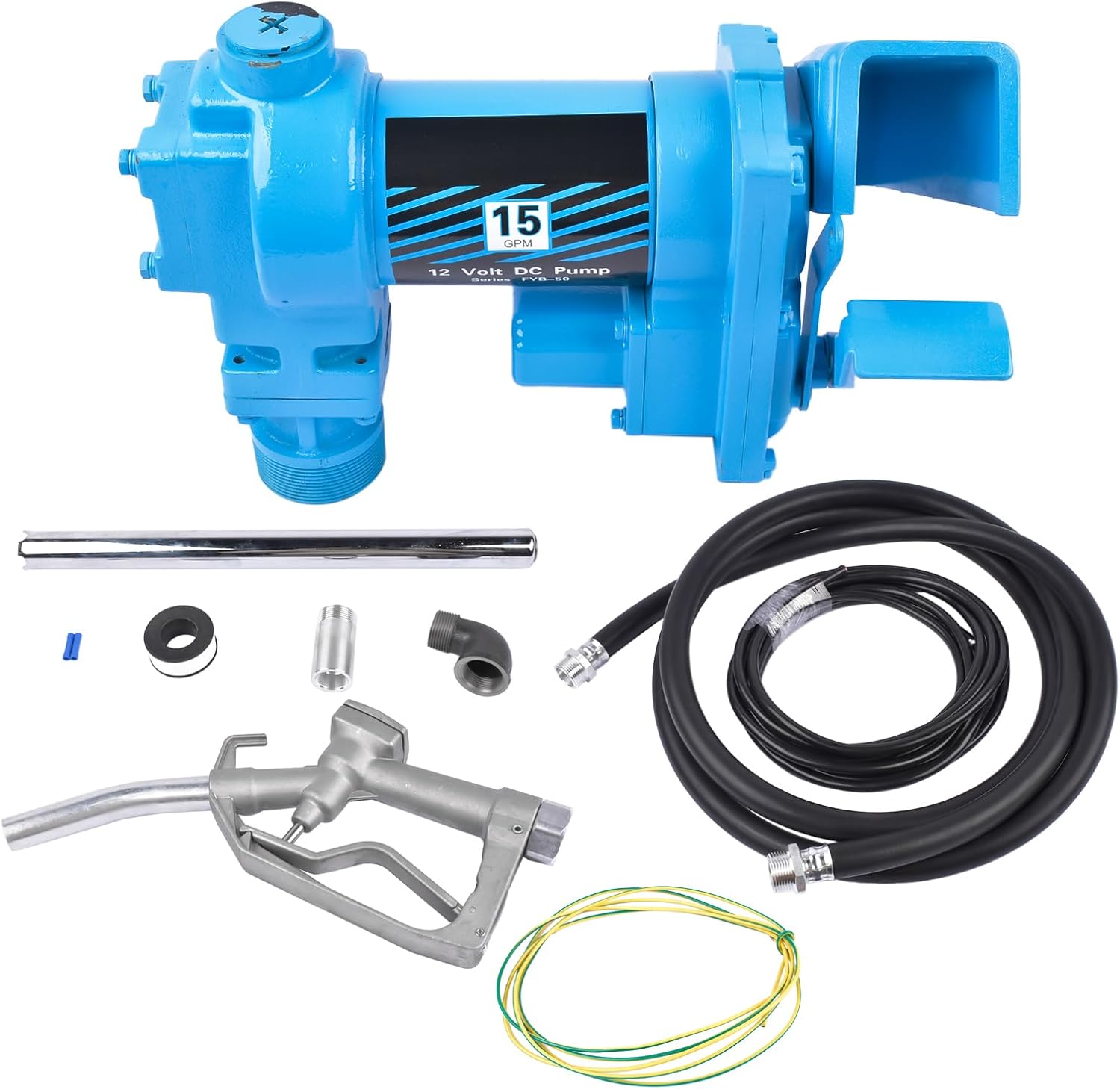 12V 15 GPM Blue Fuel Transfer Pump 50amp Fuse with Discharge Hose & Manual Nozzle Kit for Oil Fuel Diesel Biodiesel Ethanol Methanol Blends Kerosene Gasoline - Cast Iron Heavy Duty Pump