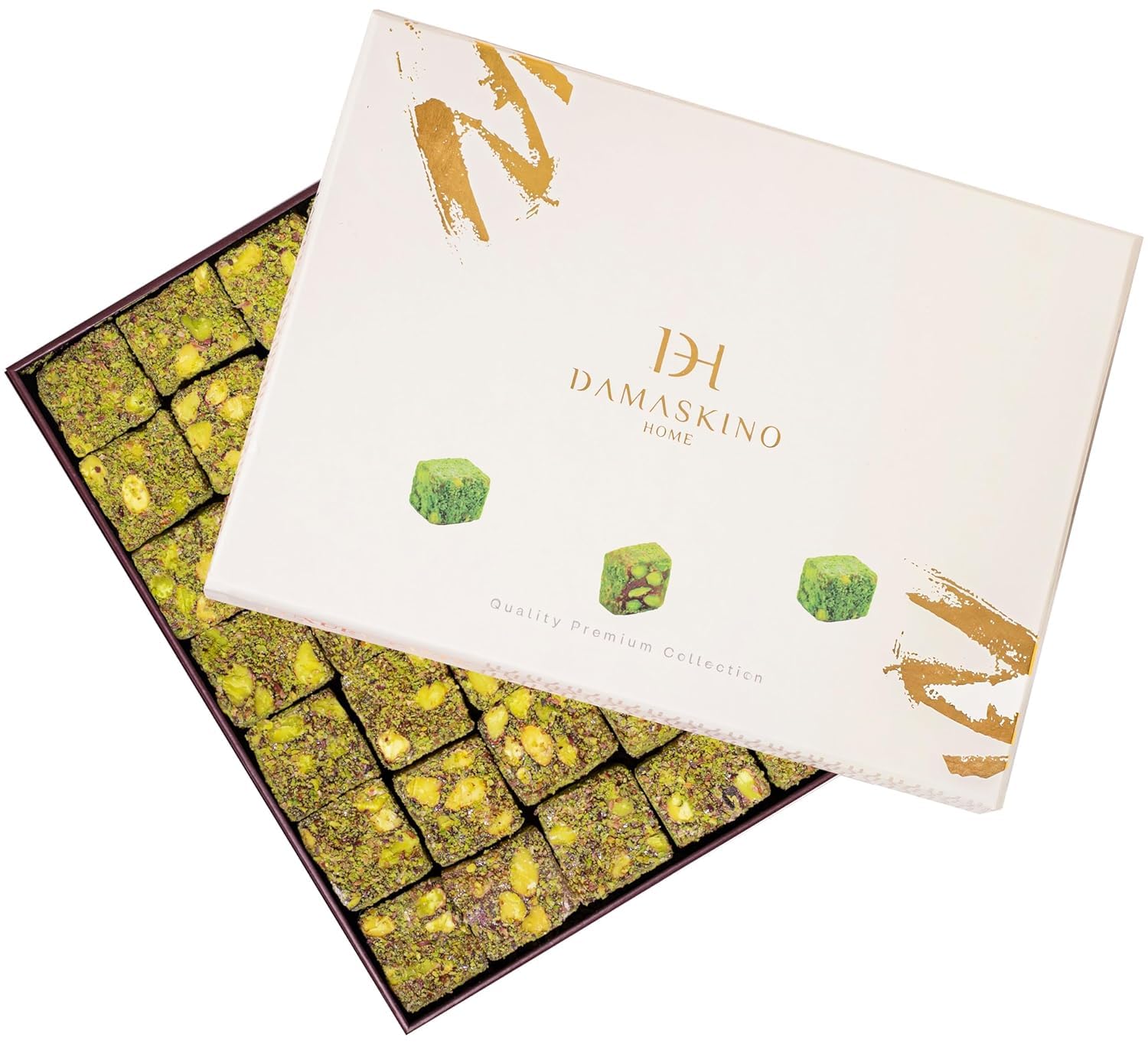 Damaskino Home Extra Pistachio Turkish Delight Gift Box 17.6oz - 25 Pieces of Turkish Lokum Packed with Extra Premium Turkish Pistachios