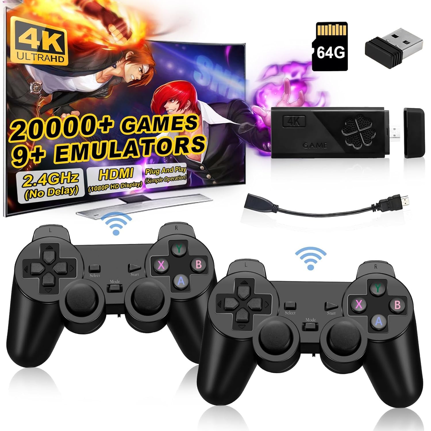 Wireless Retro Game Console Stick, Upgrade Retro Video Gaming Stick Built in 20000+ Games with 9 Emulators,4K HDMI Output with 2 Pack 2.4G Wireless Controllers，Game Emulator Console 2025（64GB） Black