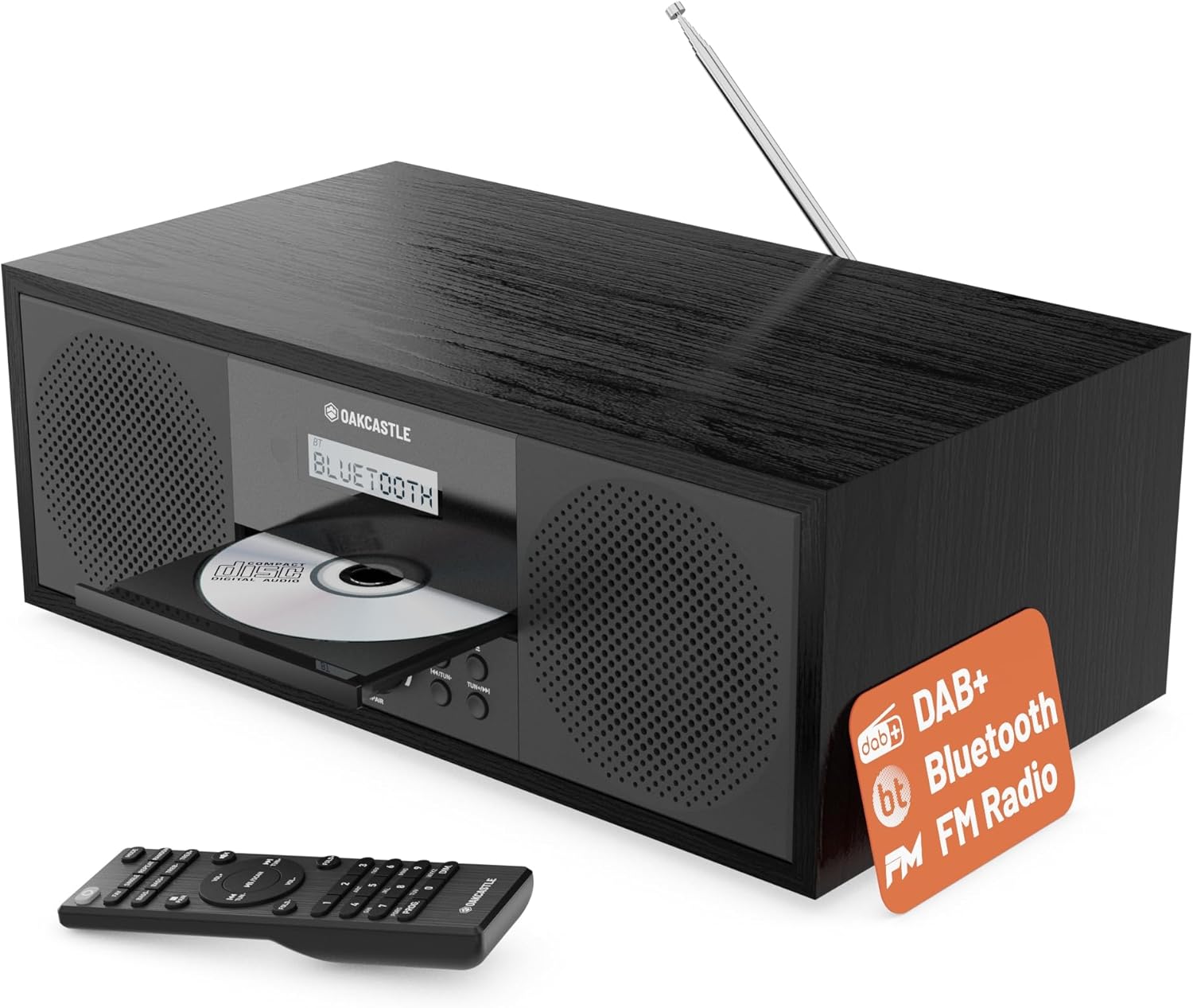 Bluetooth DAB+ Radio & CD Player | Mains Powered 60 Watt Stereo Hifi System for Home | Inbuilt Speakers, LED Display | Dual Alarm, 20 Presets & FM | USB, MP3, AUX | Remote Control | OAKCASTLE DAB500