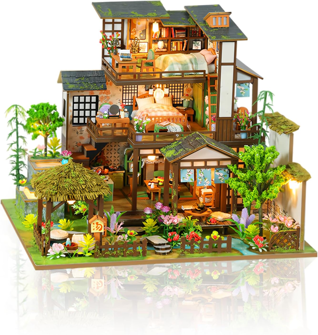 Cuteefun DIY Miniature House Kits, Mini Dollhouse with LED, Wooden Crafts for Adults Teen to Building, Birthday (Bamboo Spring Yard)