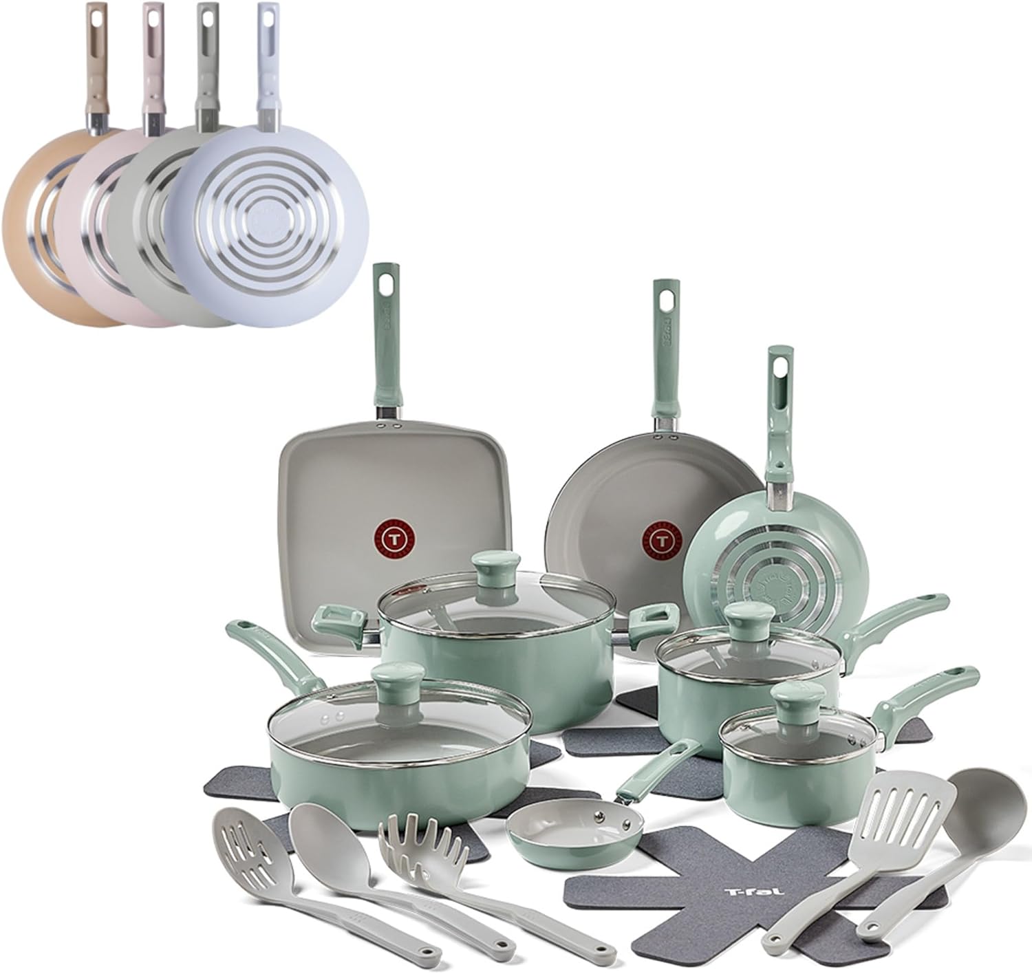 T-Fal Refresh Ceramic Nonstick Cookware Set, 20-Piece, Oven Safe to 350°F, Stockpot, Ceramic Pots and Pans Set, Frying Pans, Griddle, Utensils, Mint Green