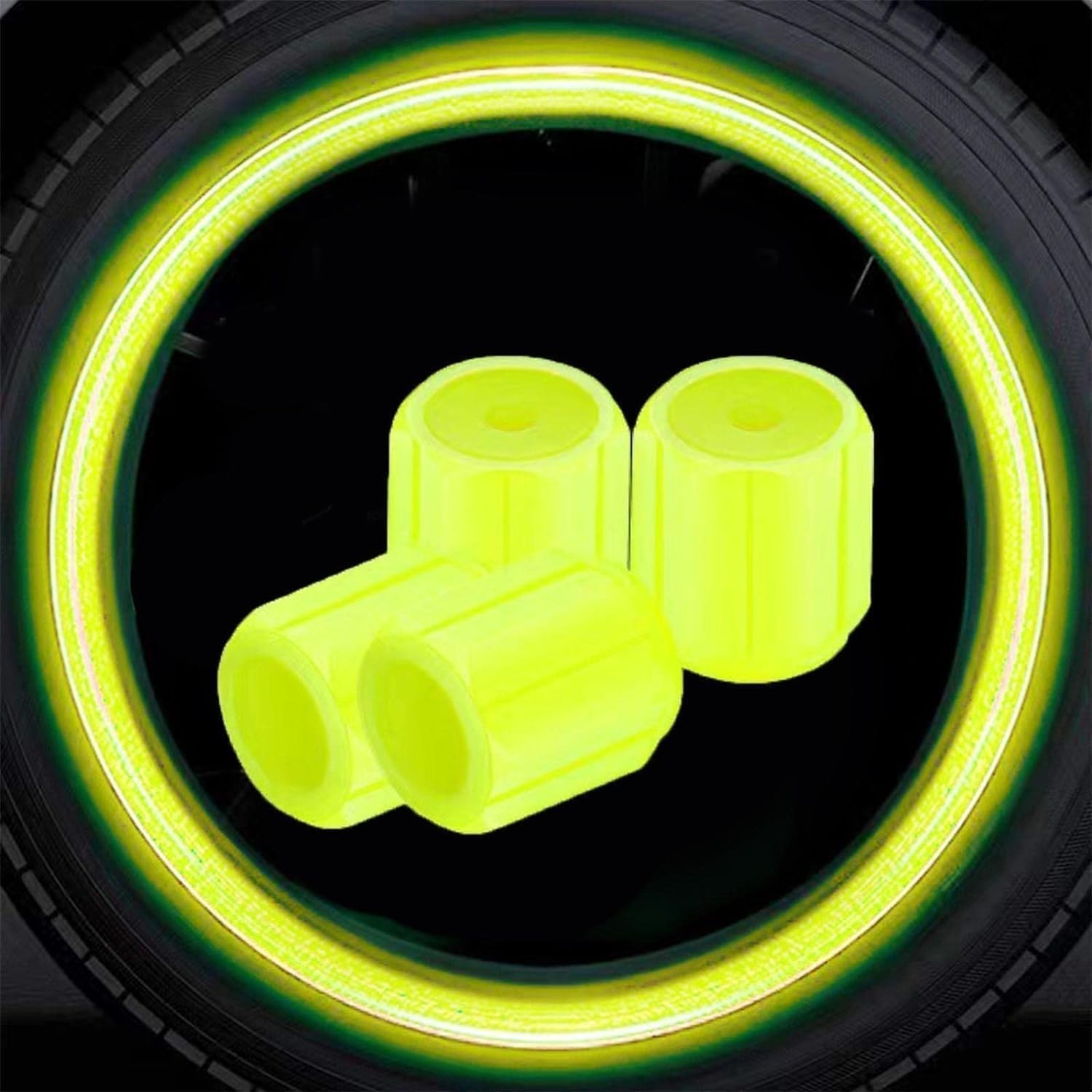 4Pcs Yellow Luminous Tire Valve Caps, Car Wheel Styling Motorcycle Glowing Hub Cover, Tire Valve Part Accessories