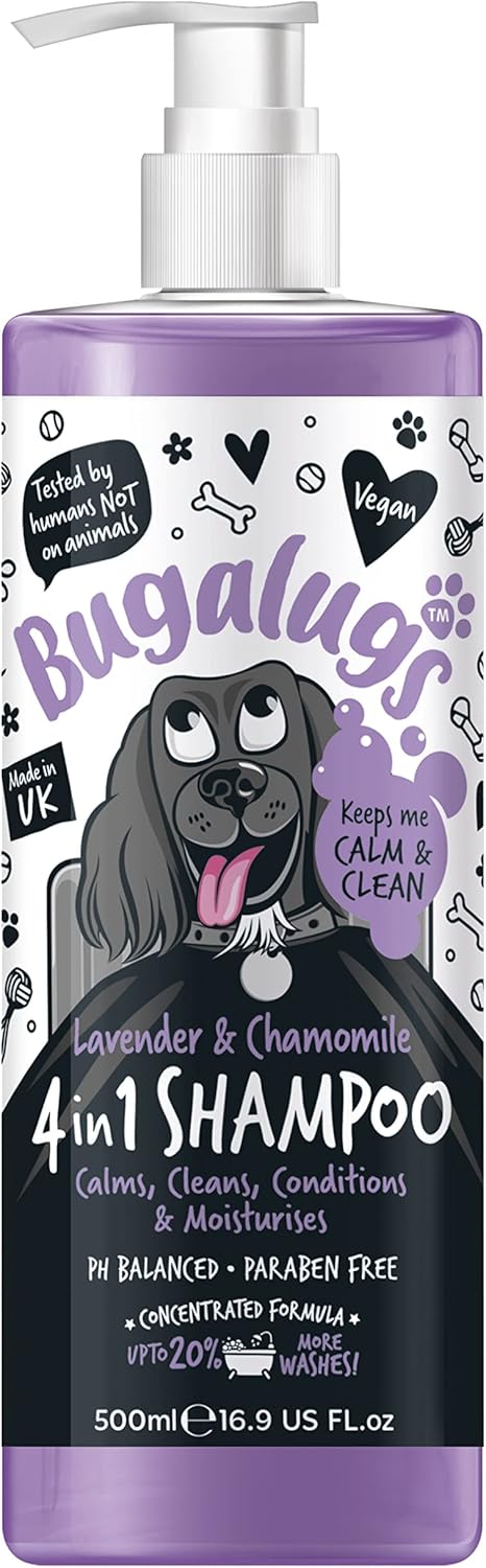Dog Shampoo by Bugalugs lavender & chamomile 4 in 1 dog grooming shampoo products for smelly dogs with fragrance, best puppy shampoo, Vegan pet shampoo & conditioner