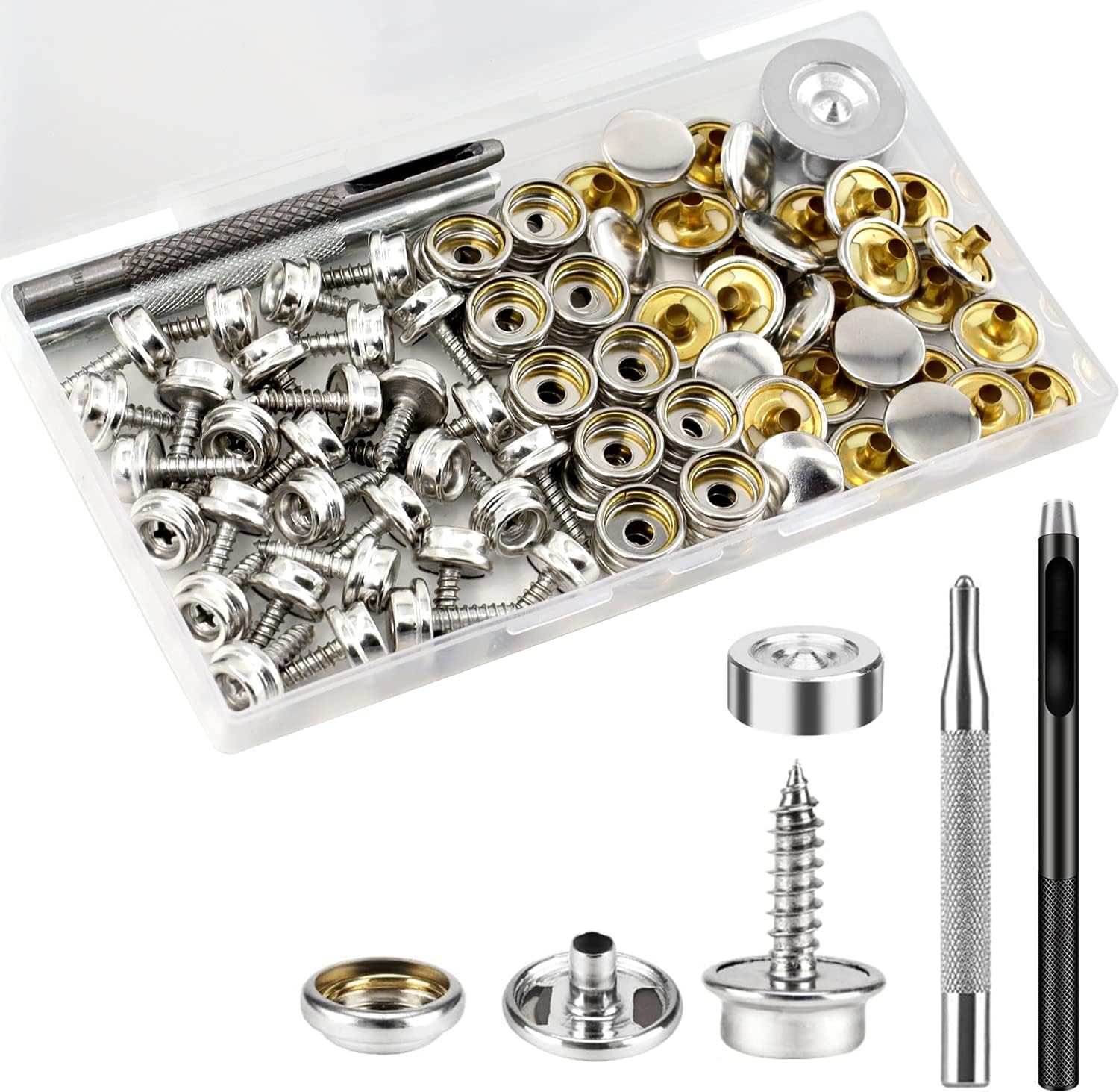 Canvas Snap Kit, Canvas Snaps and Fasteners Marine Stainless, 90 PCS Boat Cover Snap Button Fastener Kit, Canvas Fasteners & 3 PCS Setting Tools for Repairing and Replacing Canvas, Tarpaulins, Awnings