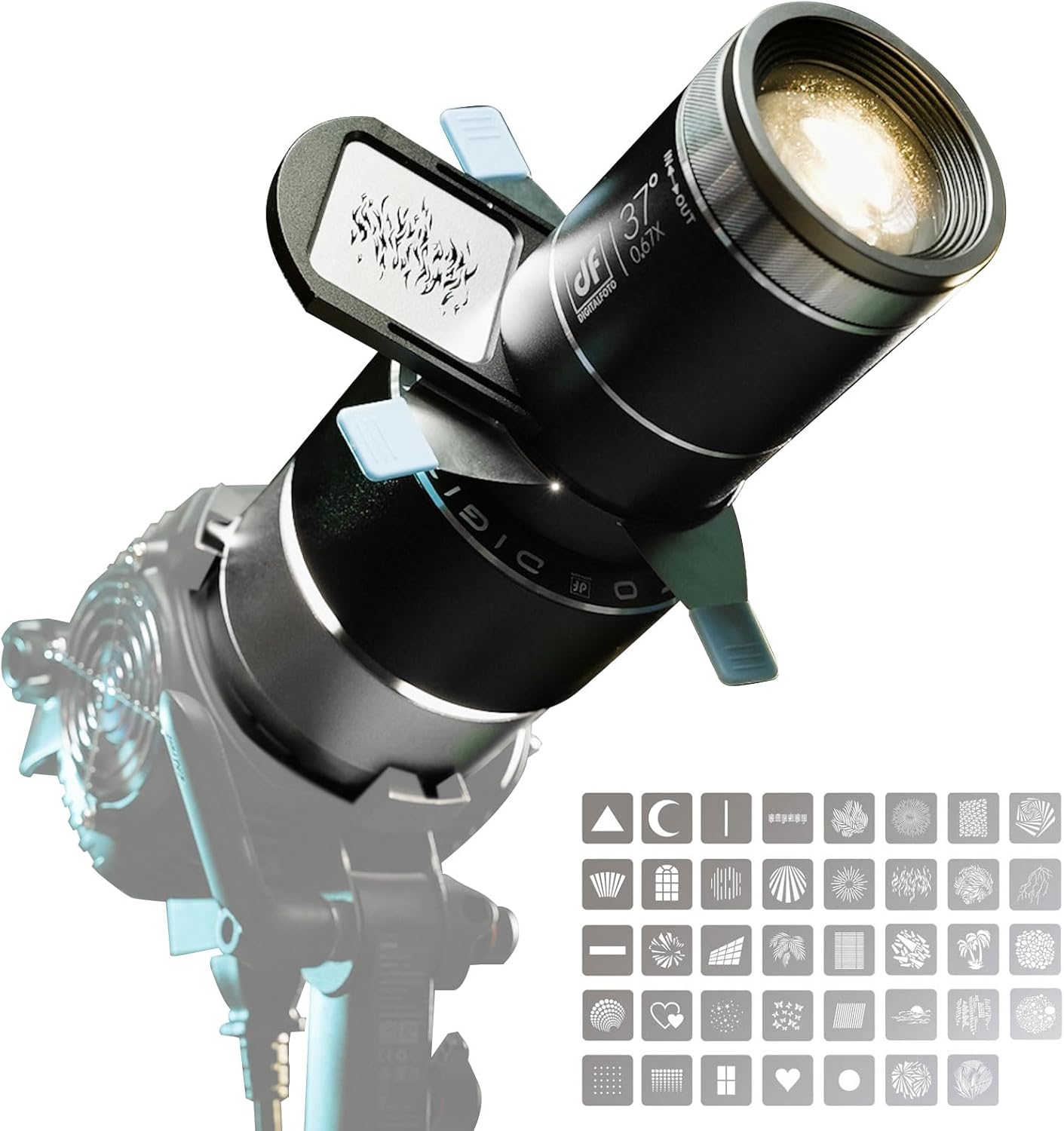 DF DIGITALFOTO Optical Snoot Bowens Mount Gobo Projector, with 39 Gobos, Projection Attachment for Photography Spotlight, Compatible with Aputure Amaran 100X/D 200D/X, Godox SL60, Nanlite FS150B