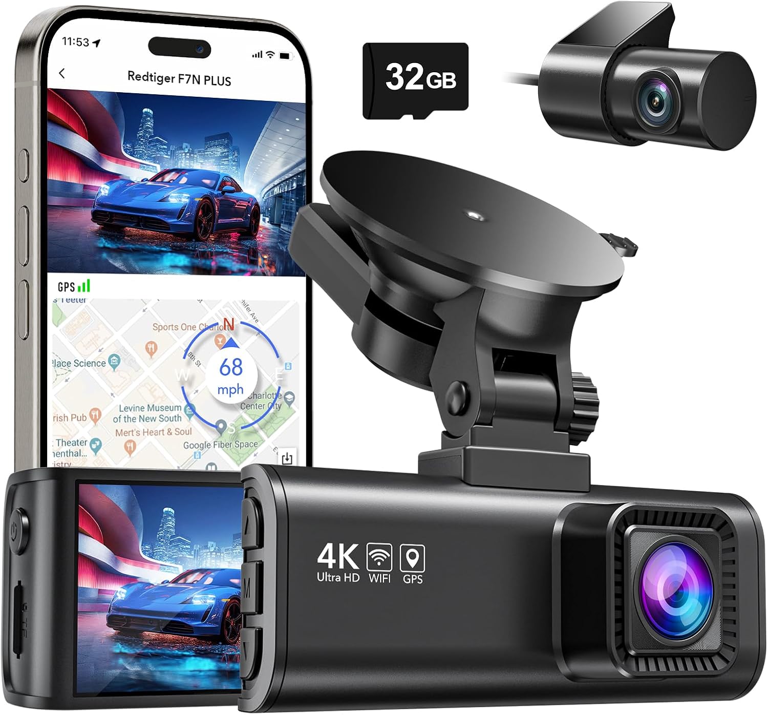 REDTIGER Dash Cam Front Rear, 4K/2.5K Full HD Dash Camera for Cars, Included 32GB Card, Built-in Wi-Fi GPS, 3.16” IPS Screen, Night Vision, 170°Wide Angle, WDR, 24H Parking Mode