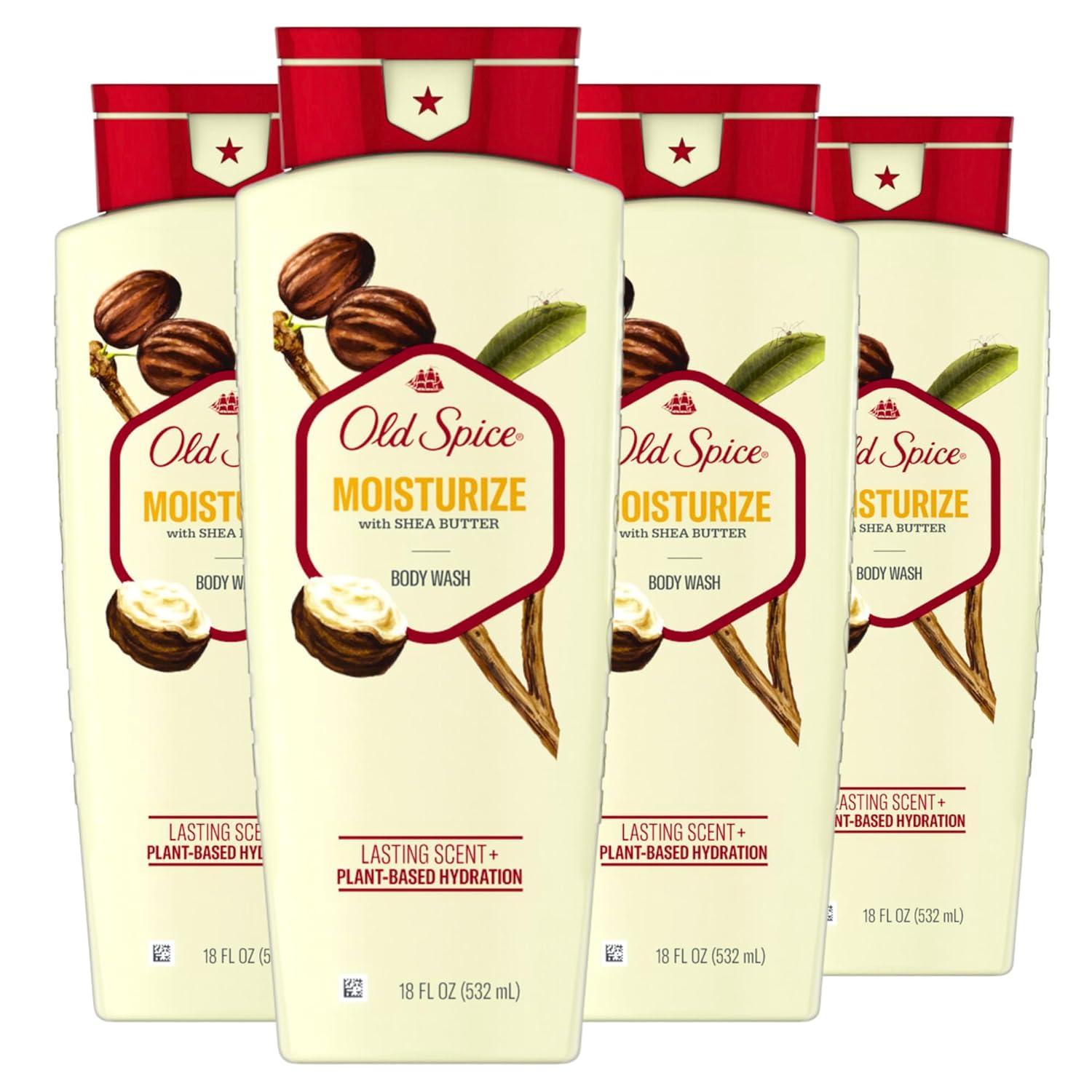 Old Spice Men's Body Wash Moisturize with Shea Butter, Lasting Scent, 24/7 Shower Freshness, Hydration, 18 oz (Pack of 4)