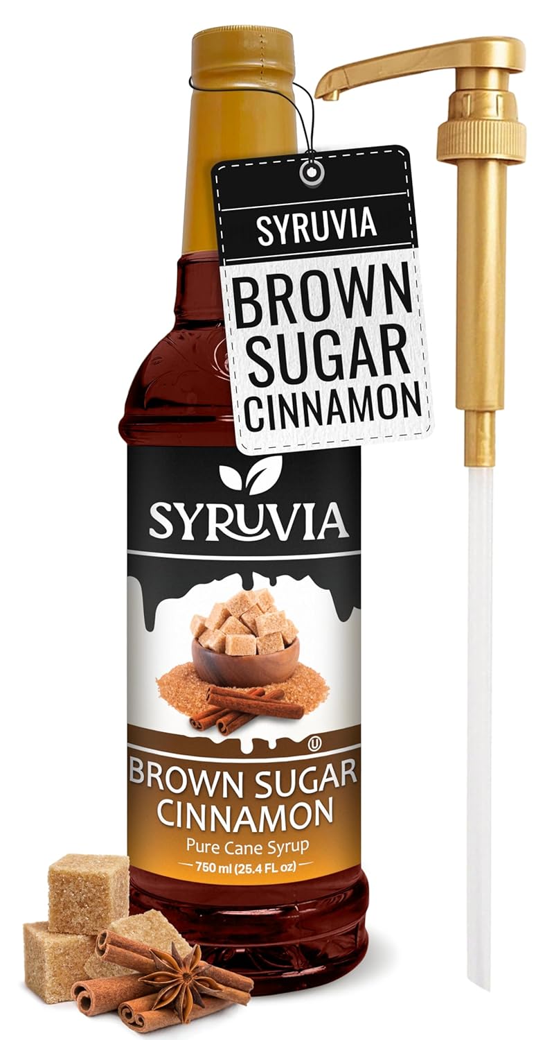 Syruvia Brown Sugar Cinnamon Syrup – Brown Sugar Cinnamon Coffee Syrup Flavor, 25.4 fl oz, Kosher, Gluten Free, Perfect for Coffee, Drinks, Soda, Desserts, and More, With Syrup Pump