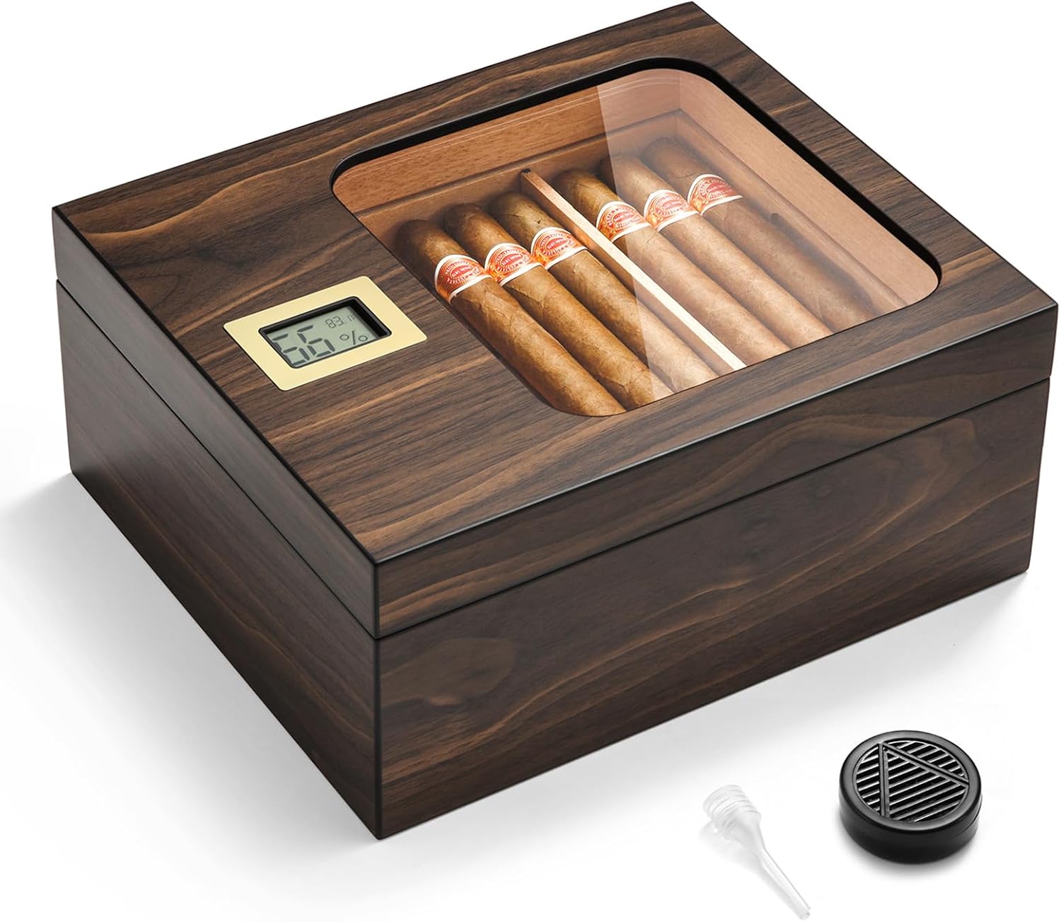 Cigar Humidor, Modern Glass Top Cedar Humidor Cigar Box with Digital Hygrometer, Humidifier, Handcrafted Cedar Wood Tray and Divider, Cigar Case Holds 25-50 Cigars, Cigar Accessories for Men