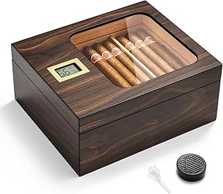 Cigar Humidor, Modern Glass Top Cedar Humidor Cigar Box with Digital Hygrometer, Humidifier, Handcrafted Cedar Wood Tray and Divider, Cigar Case Holds 25-50 Cigars, Cigar Accessories for Men