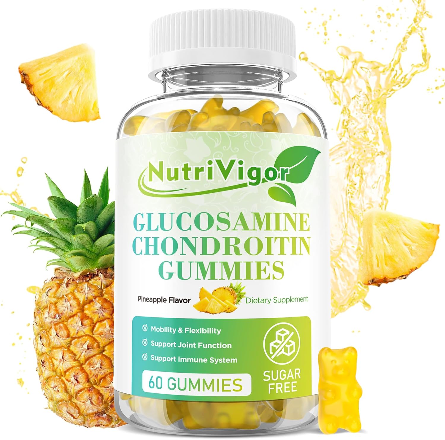 Glucosamine Chondroitin Gummies, Extra Strength Joint Support Supplement with MSM & Elderberry, Antioxidant Immune Support for Adults, Pineapple Flavor, 60 Count